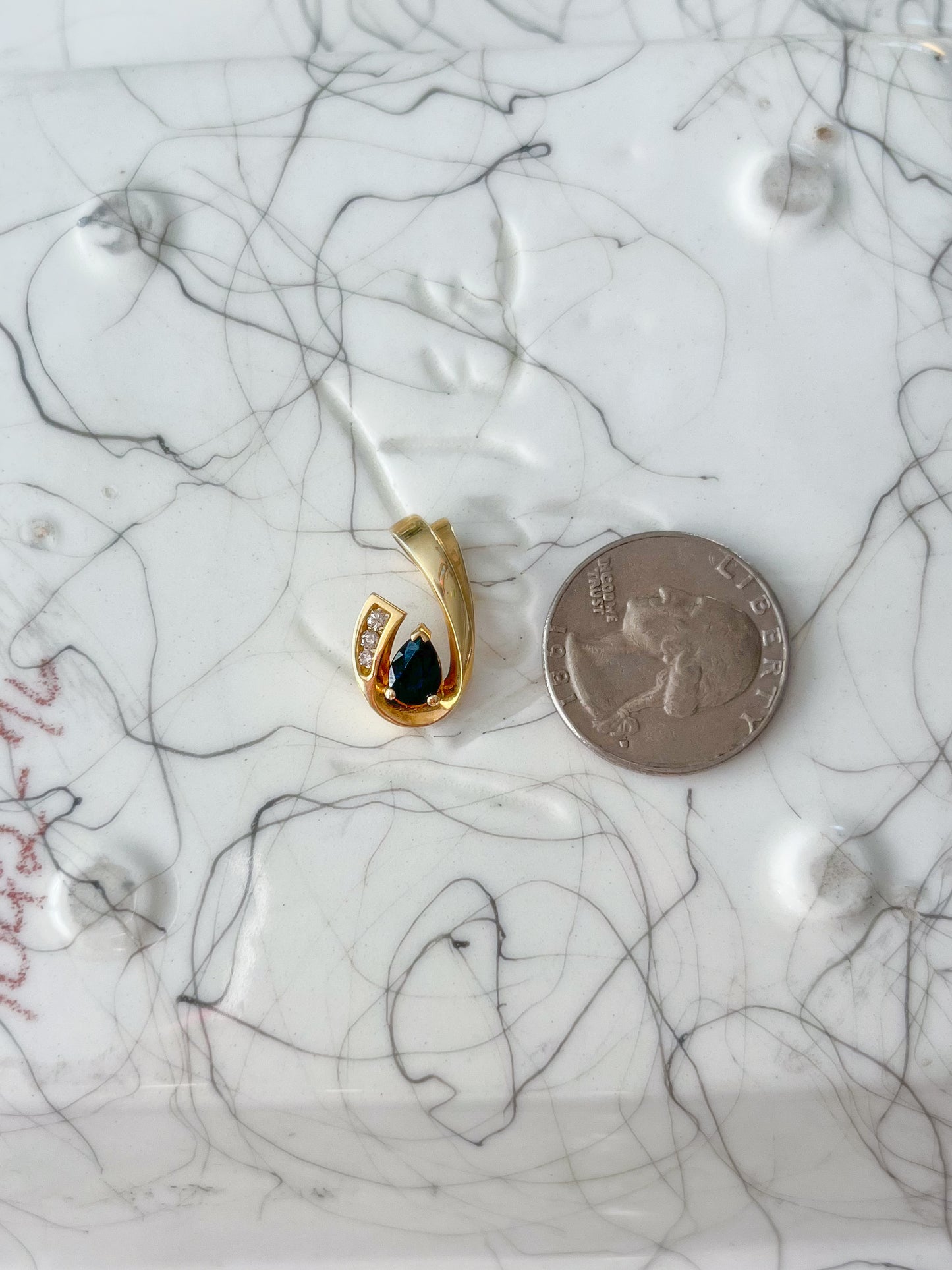 Vintage Natural Pear Shaped Sapphire and Diamond Slider 14k Yellow Gold Charm