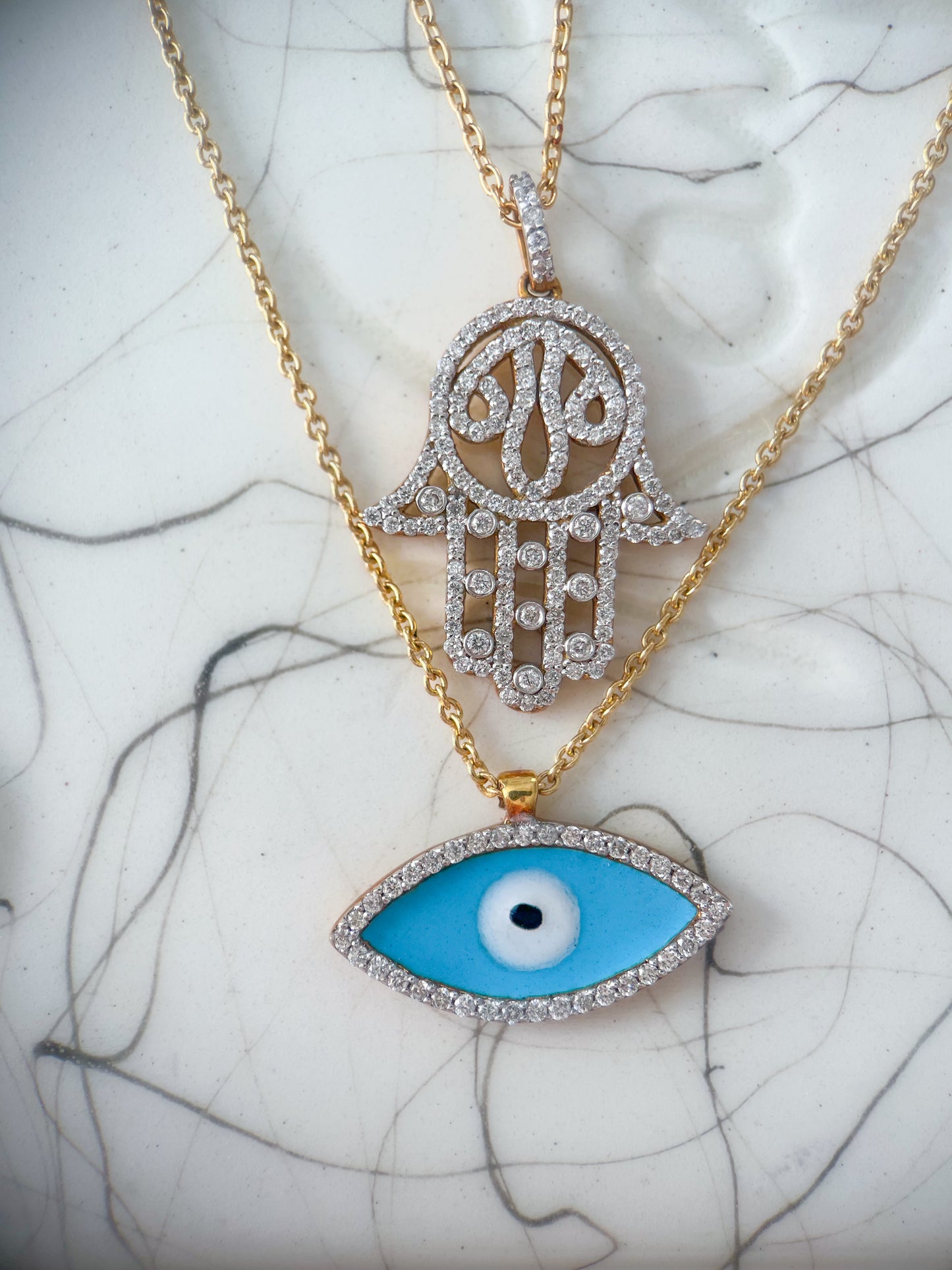 Natural Diamond Evil Eye 18k Yellow Gold Charm with Chain