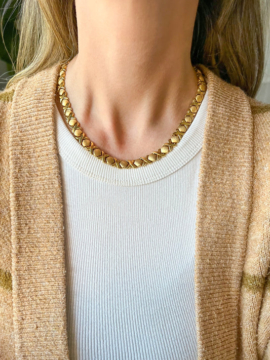 Vintage XOXO Flat Link 14k Yellow Gold Necklace, circa 1990s