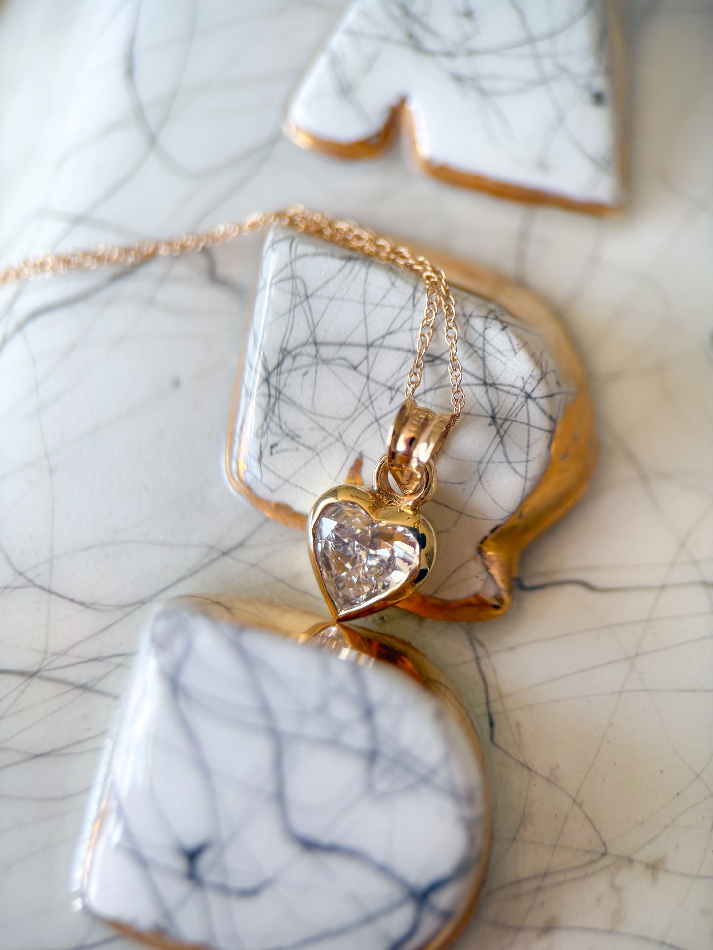 Vintage Bezel Set Natural Heart Shaped Diamond with 14k Yellow Gold Chain