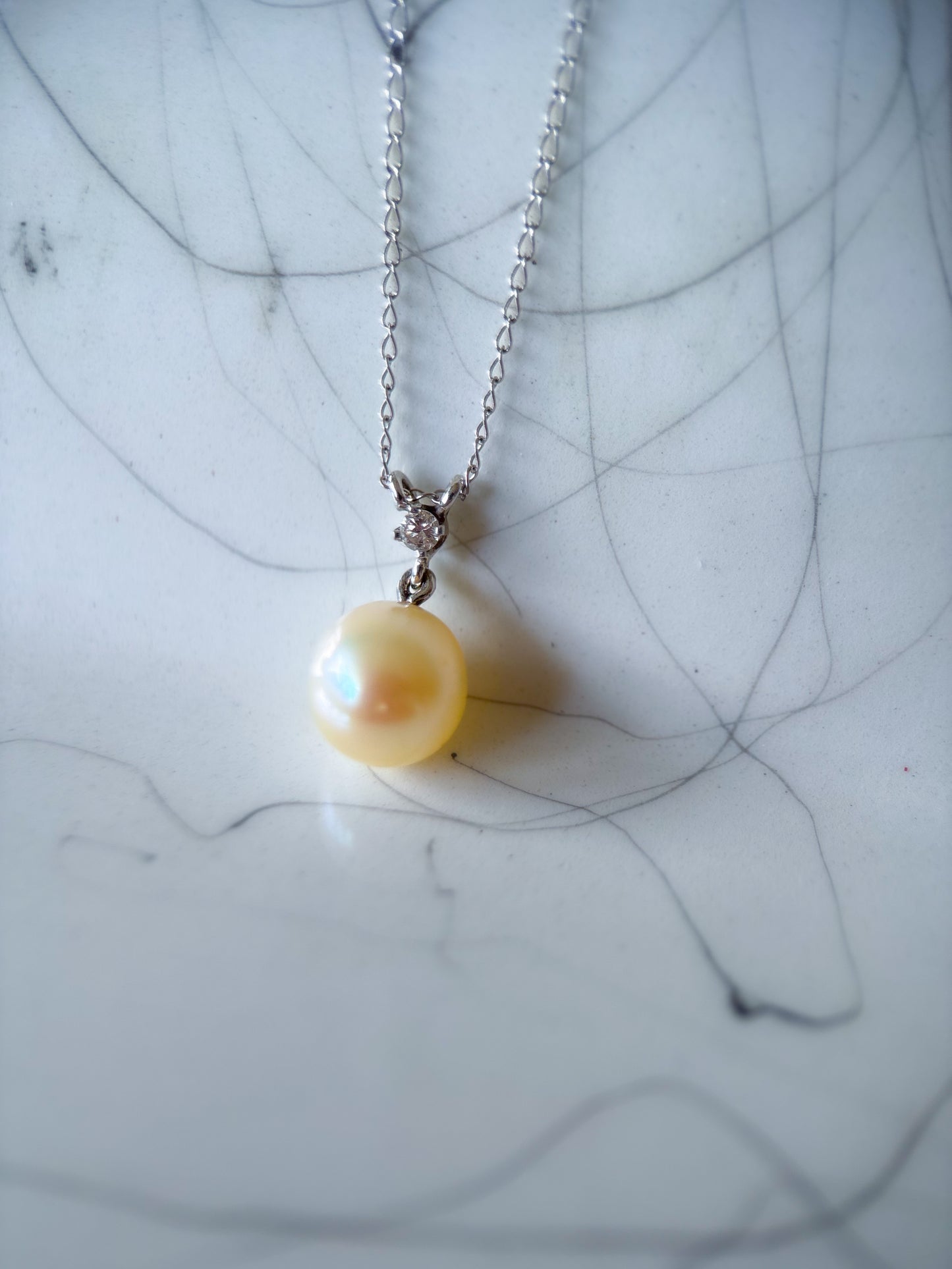 Vintage Pearl 14k White Gold Charm with Natural Diamond on 18 Inch Chain