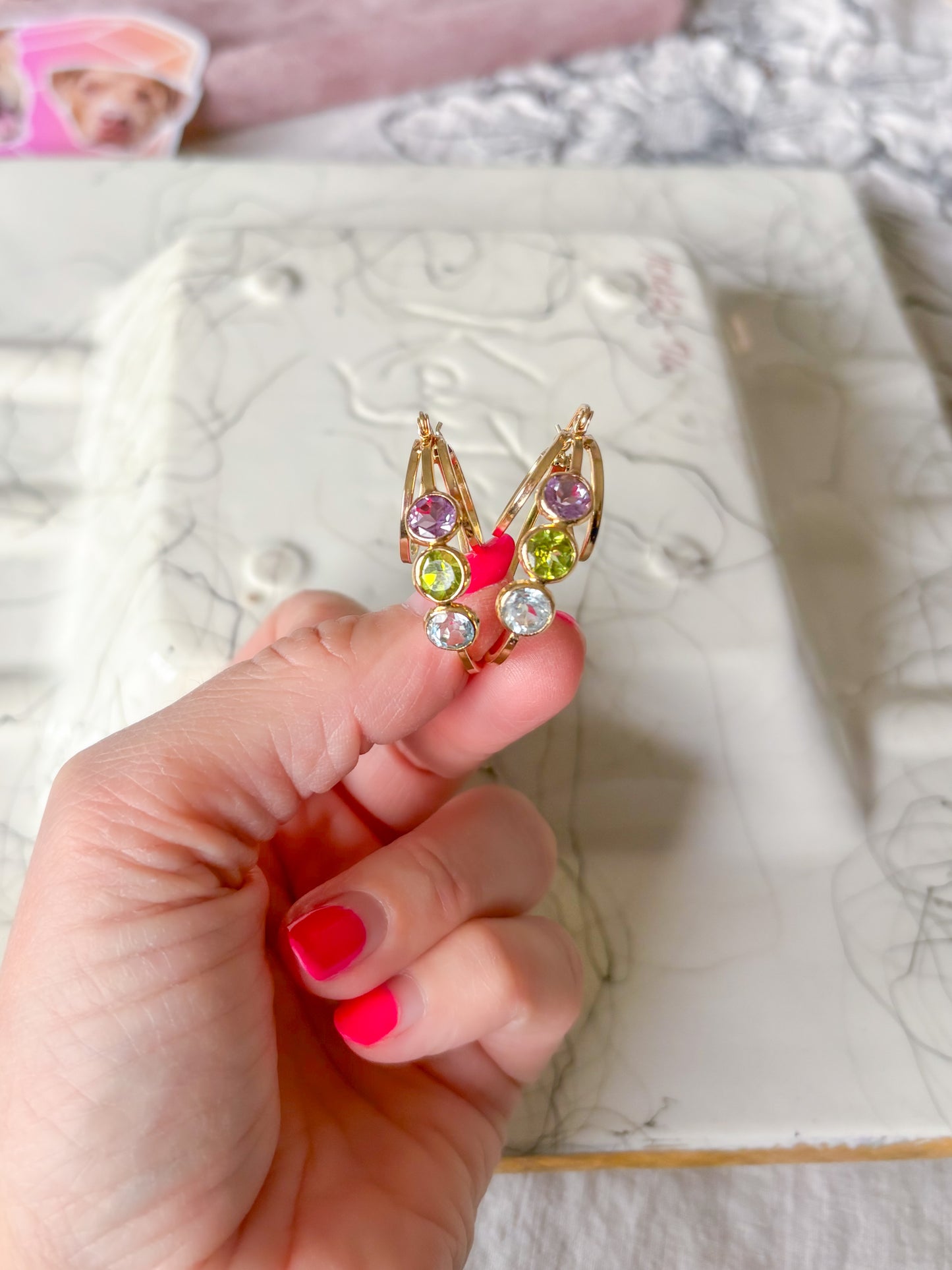 Vintage 3 Stone CZ 14k Yellow Gold Triple Hoop Earrings