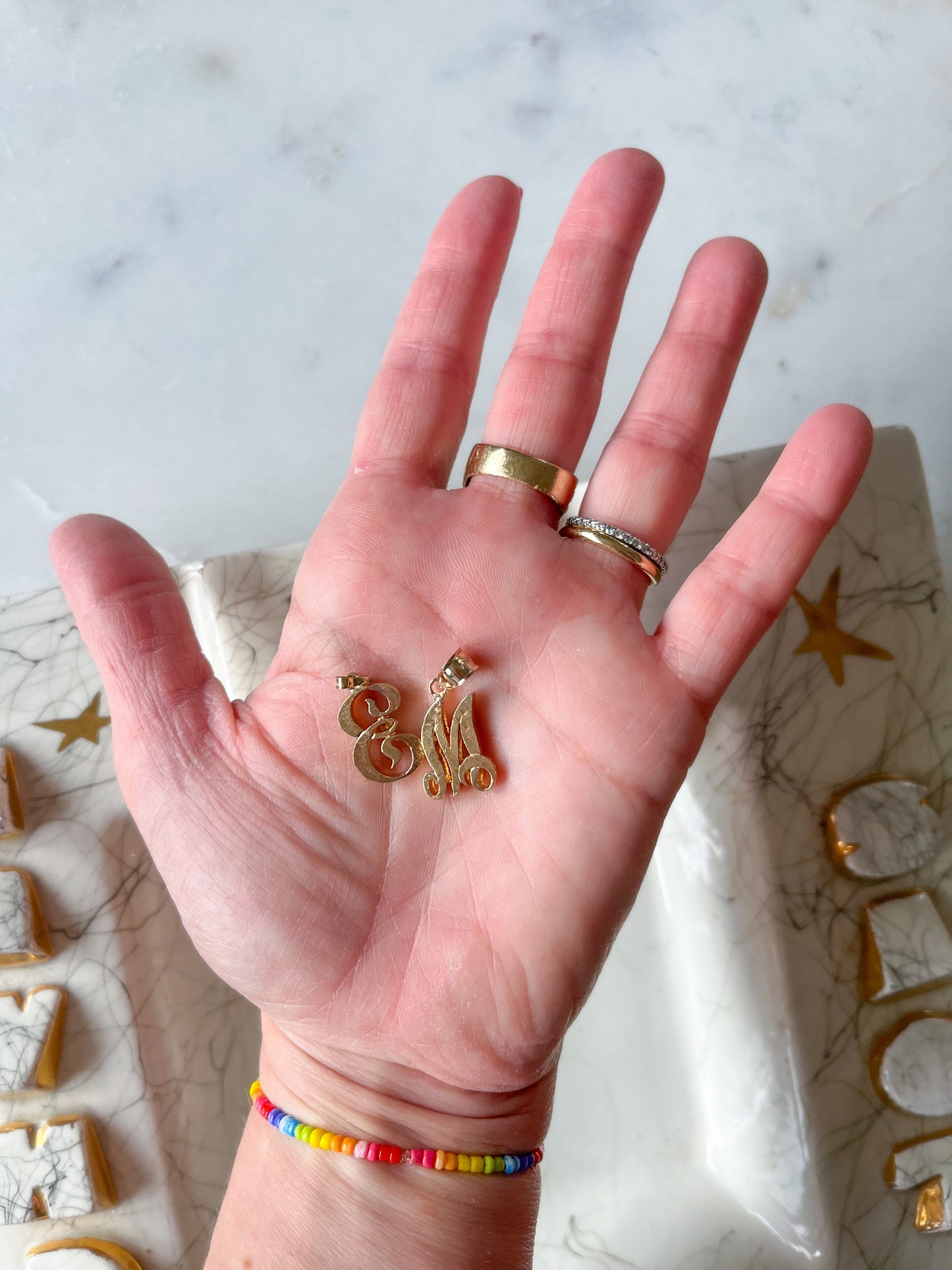 Vintage "M" 14k Yellow Gold Large Etched Letter Initial Charm