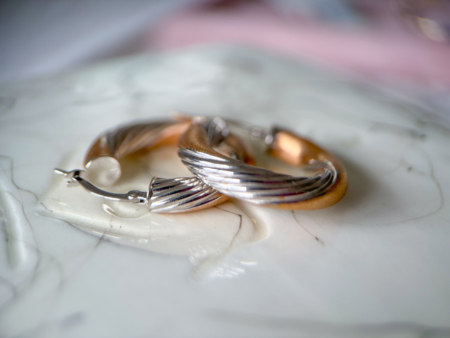 Vintage Two Toned Tube 14k Yellow and White Gold Hoop Earrings