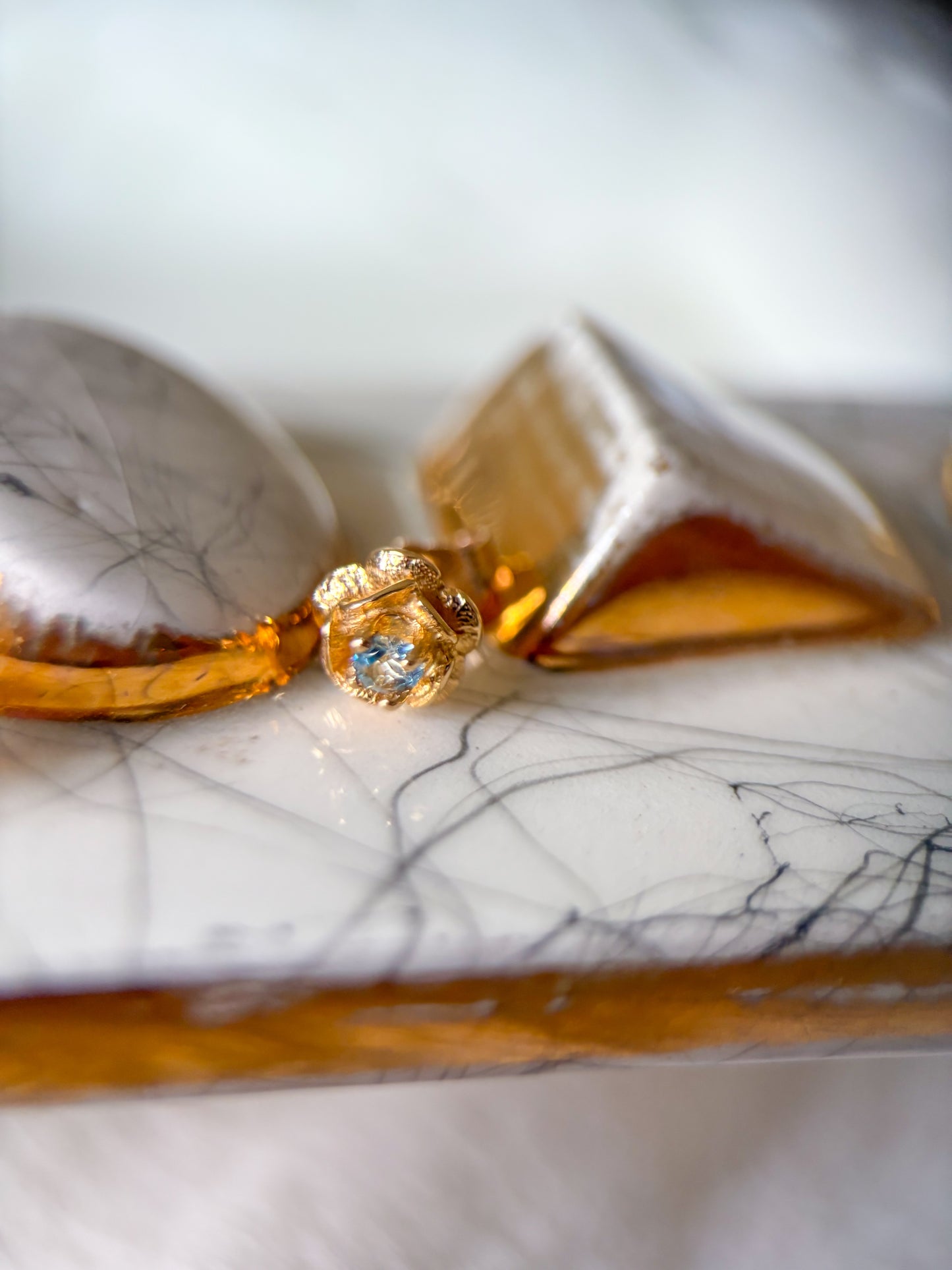 Vintage Rose Studs with Natural Aquamarine 14k Yellow Gold Earrings