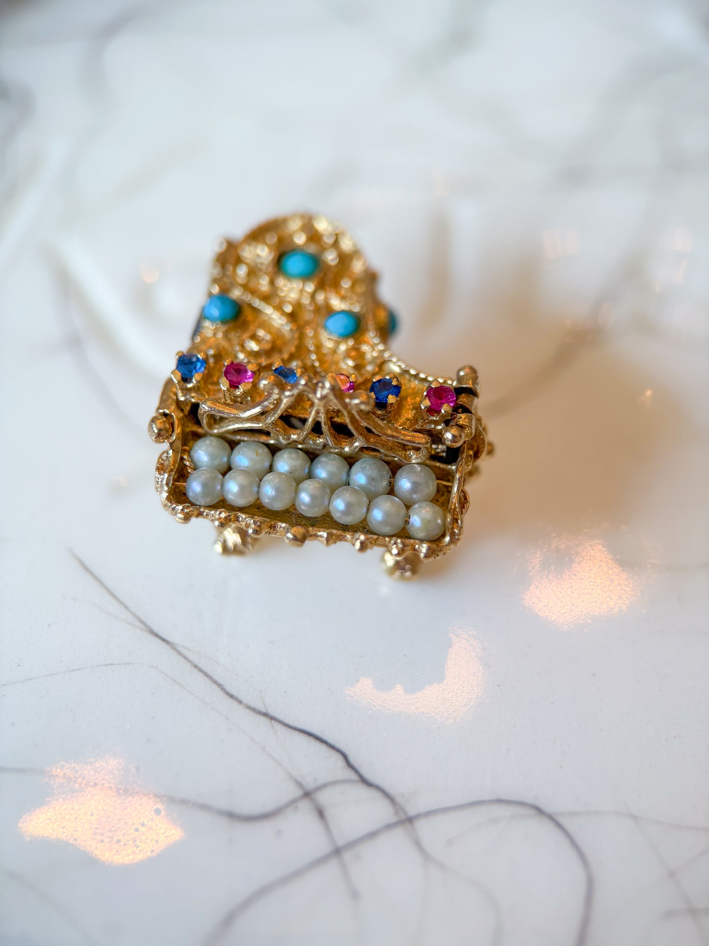 Vintage Grand Piano Charm - Ruby, Sapphire, Pearl, Turquoise and 14k Yellow Gold, circa 1950s