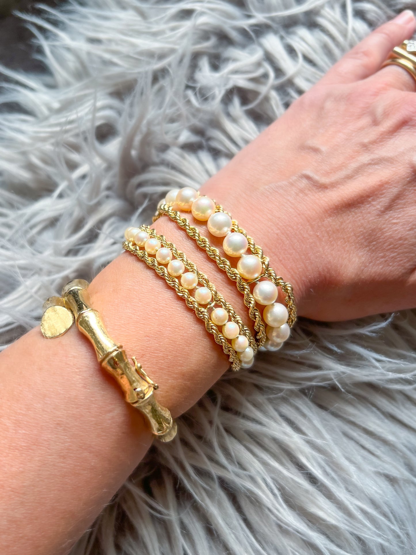 Various Vintage Pearl and Rope Chain 14k Yellow Gold Bracelets