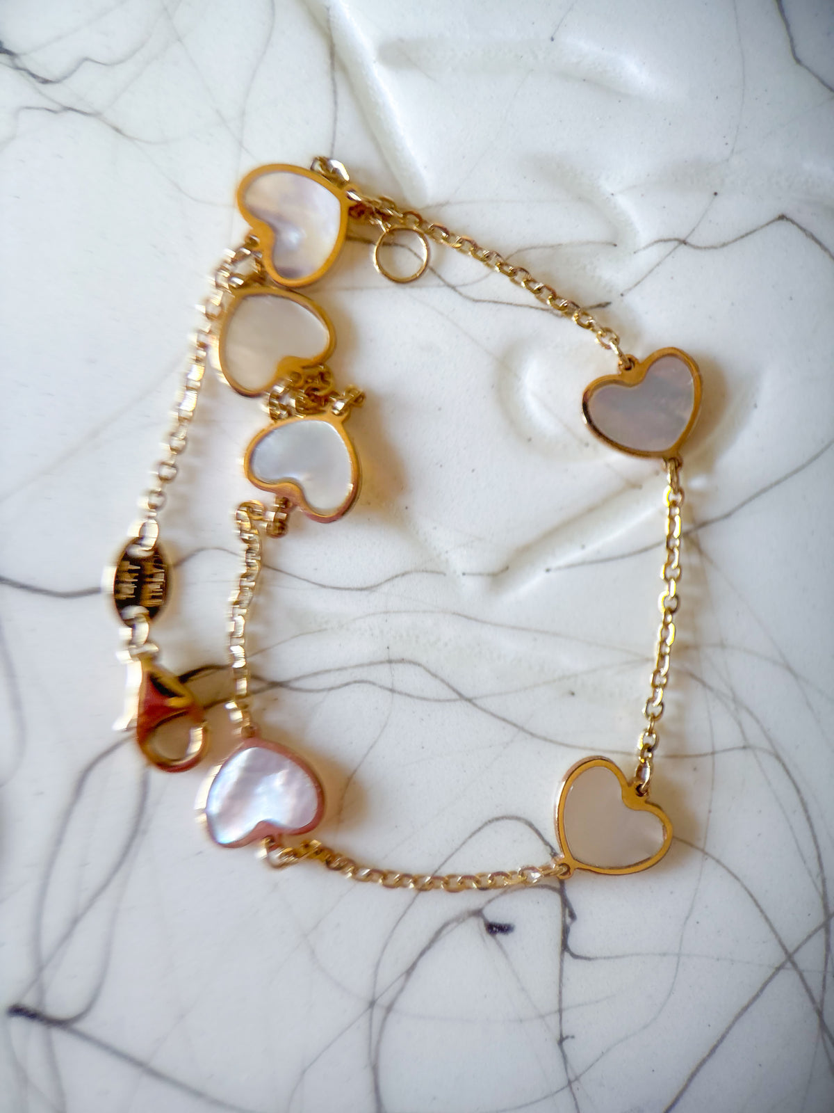 Heart Mother of Pearl 14k Yellow Gold 7 Inch Bracelet
