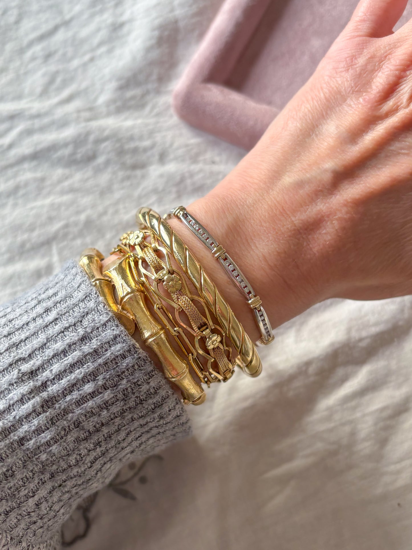 Vintage Natural Diamond Two Toned 14k White and Yellow Gold 7 Inch Bracelet