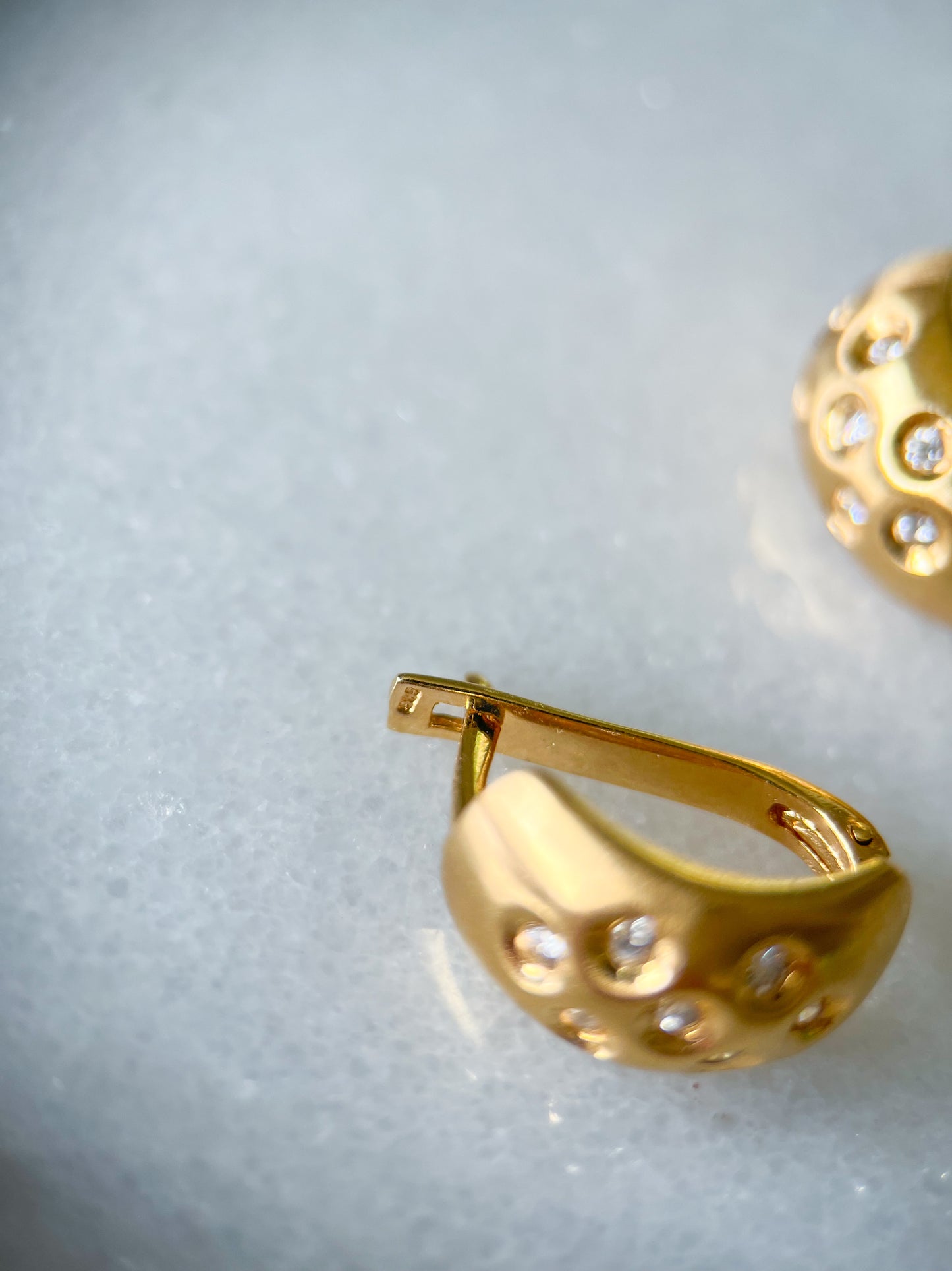 Vintage 14k Yellow Gold Matte Half Hoops with CZ Earrings