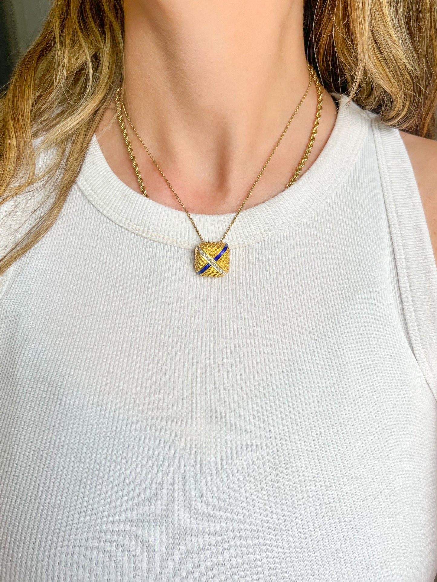 Vintage Blue Enamel and Natural Diamond Square 14k Yellow Gold Slider, circa 1960s