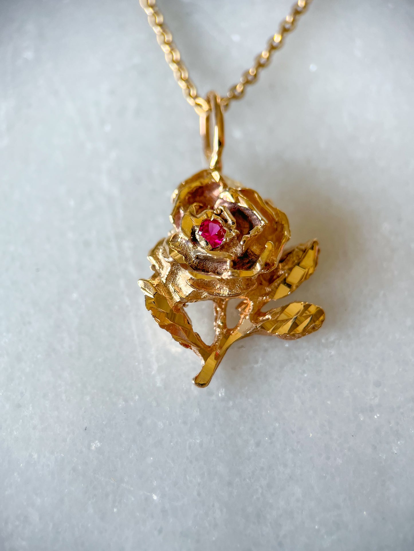 Vintage Rose With Natural Ruby 14k Yellow Gold Charm