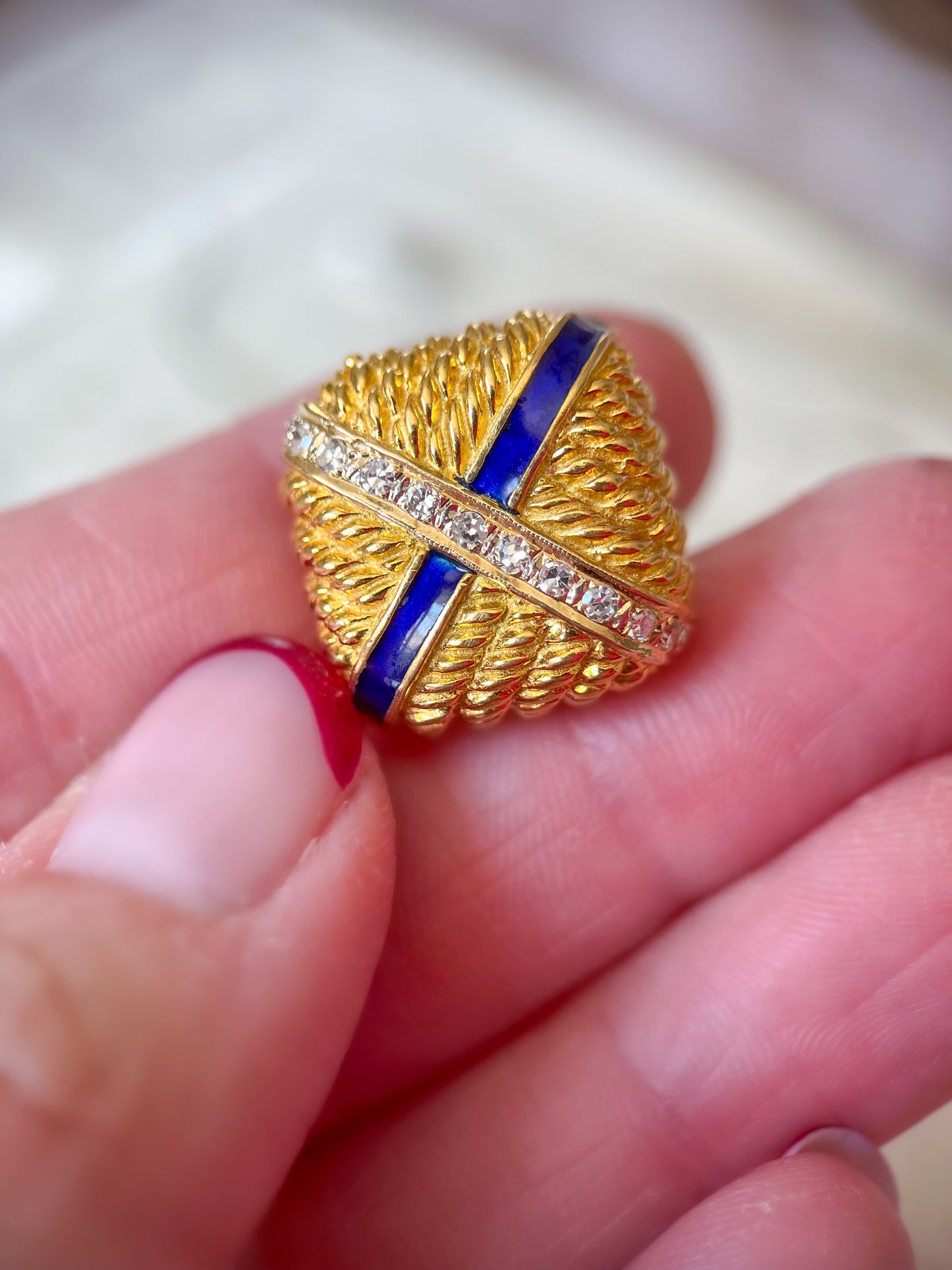 Vintage Blue Enamel and Natural Diamond Square 14k Yellow Gold Slider, circa 1960s