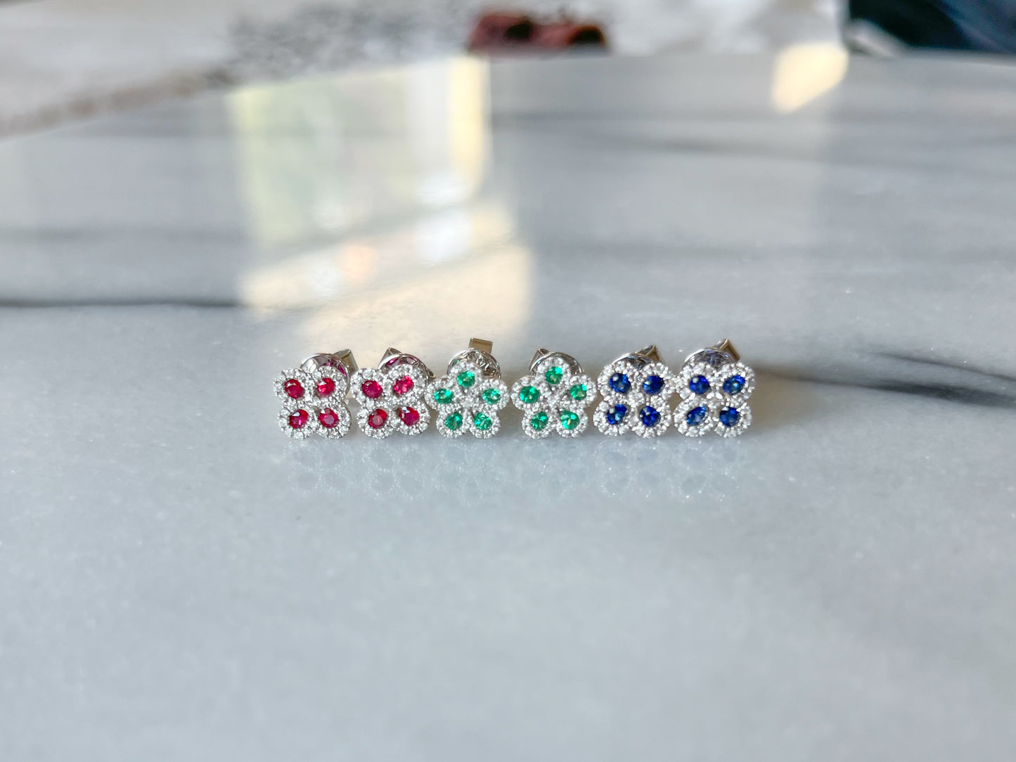 Natural Ruby, Sapphire, Emerald and Diamond 14k White Gold Flower Stud Earrings