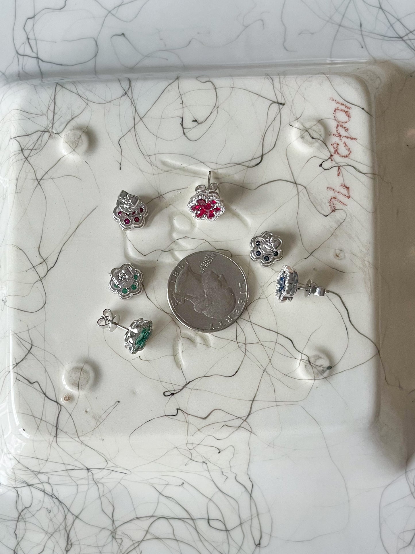 Natural Ruby, Sapphire, Emerald and Diamond 14k White Gold Stud Earrings