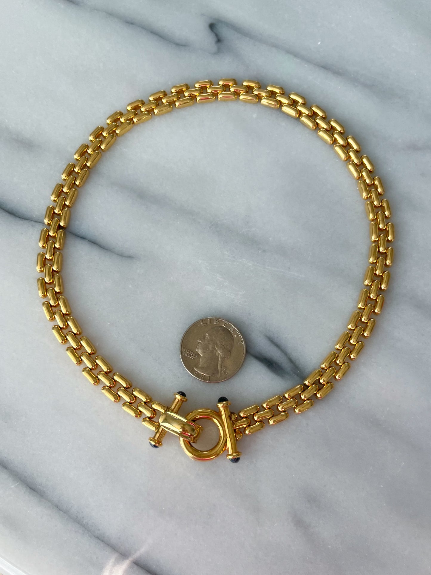 Vintage Panther Link 14k Yellow Gold Necklace with Sapphire Cabochon Toggle