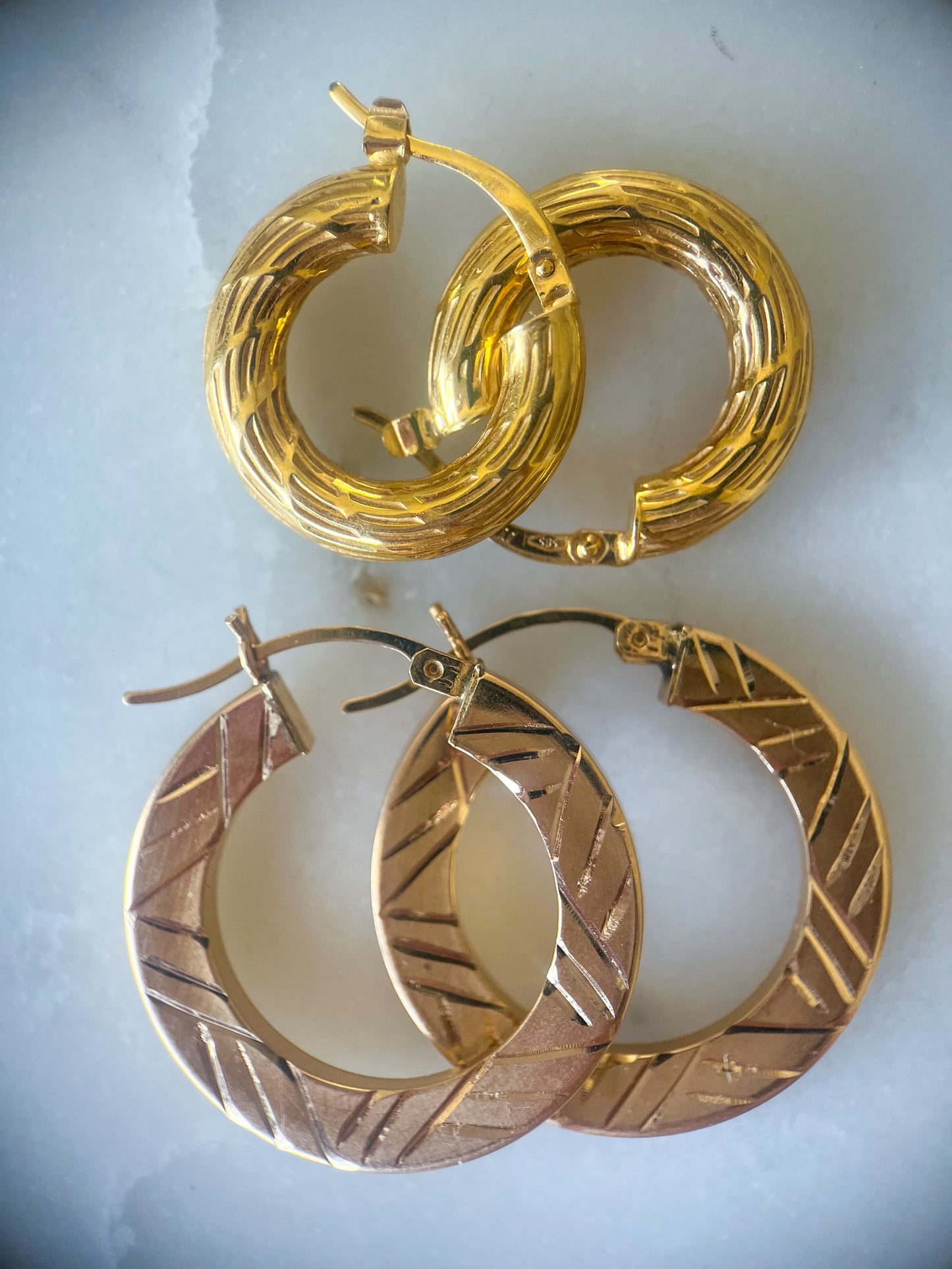 Vintage Large Flat Etched 14k Yellow Gold Hoop Earrings