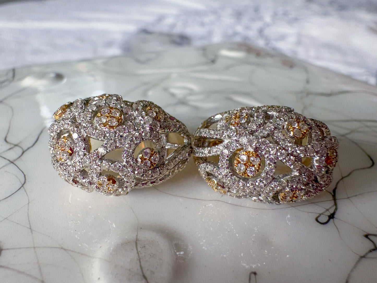 Natural Diamond Puffy Hoop 14k Yellow and White Gold Earrings