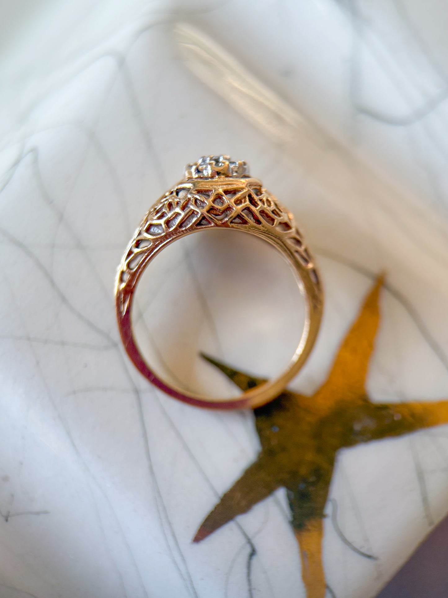 Vintage Natural Diamond 14k Yellow Gold Filigree Pinky Ring