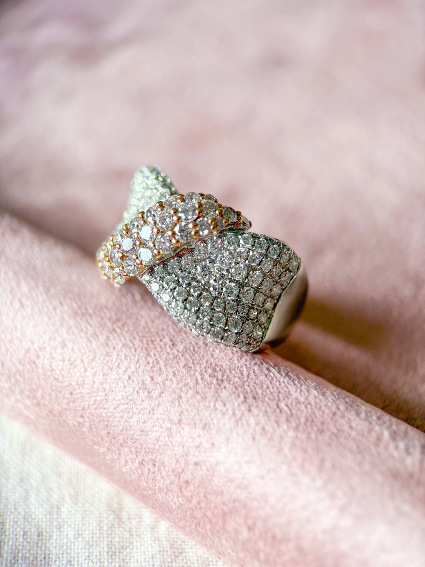 Natural Diamond Ribbon 14k White and Rose Gold Statement Ring