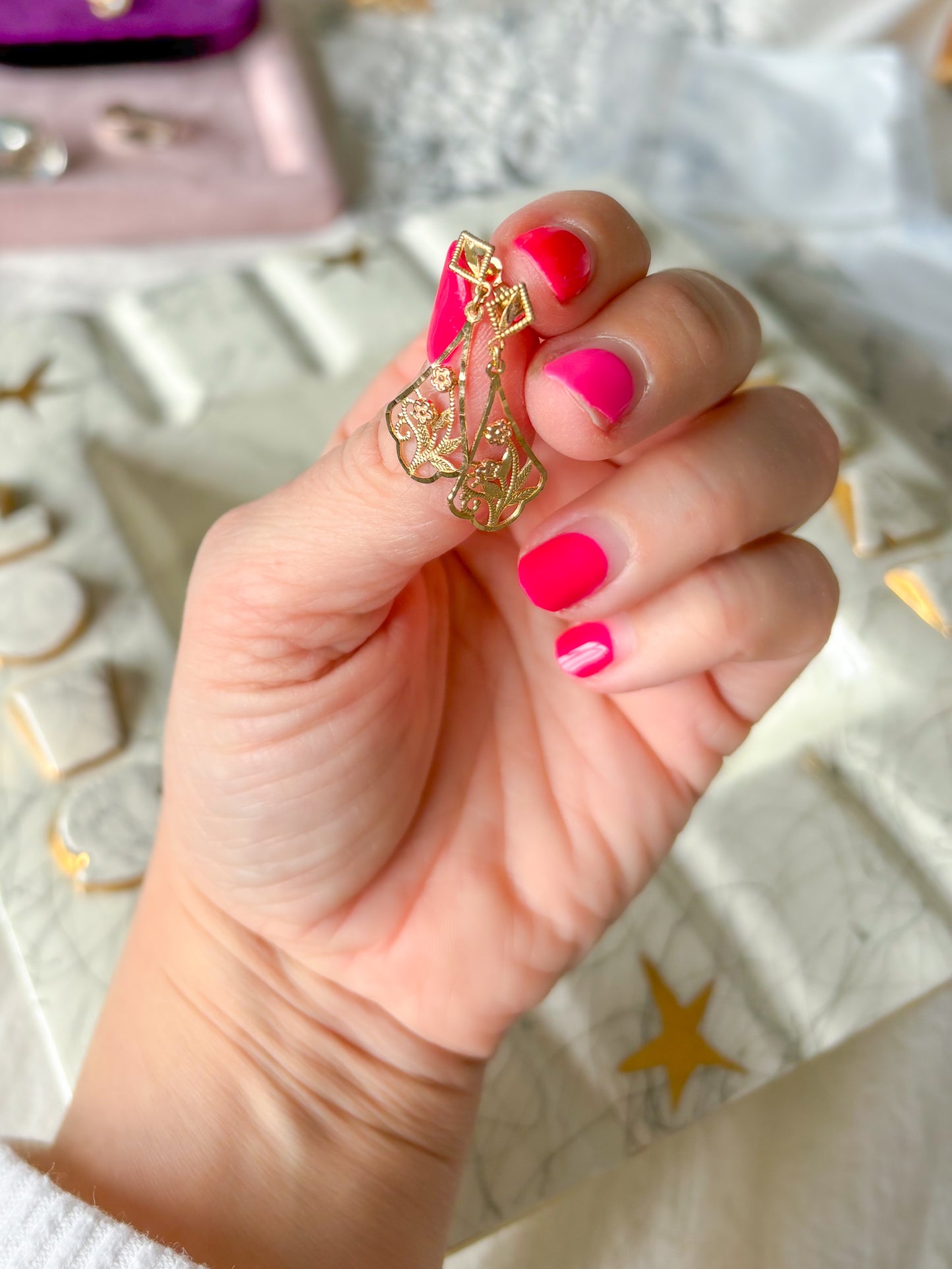 Vintage Dangle Flower 14k Yellow and Rose Gold Earrings