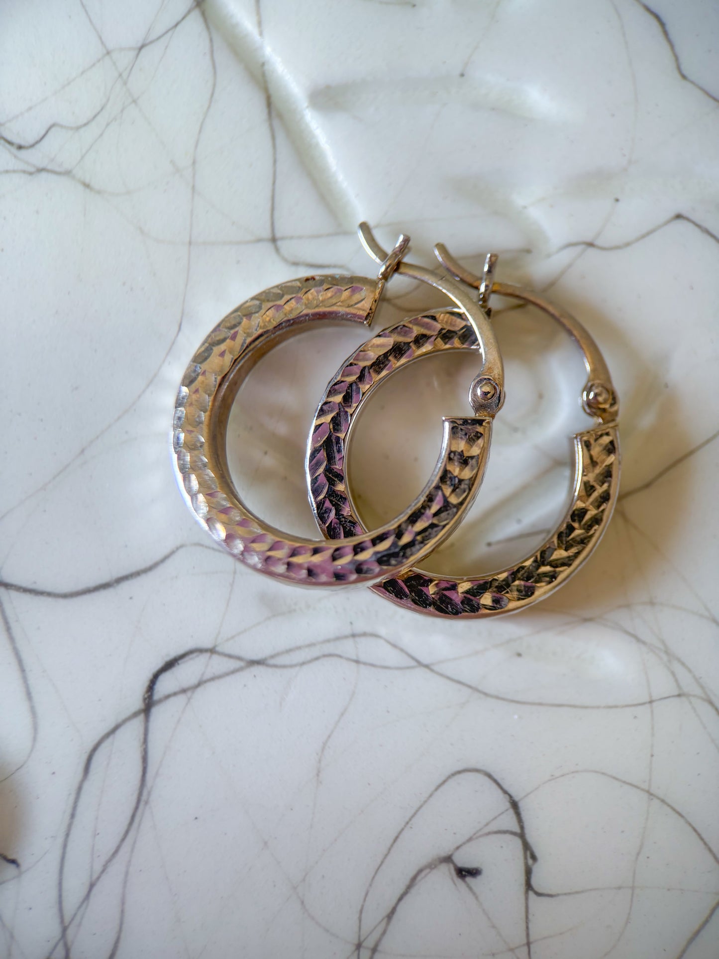 Vintage 14k White Gold Textured Hoops