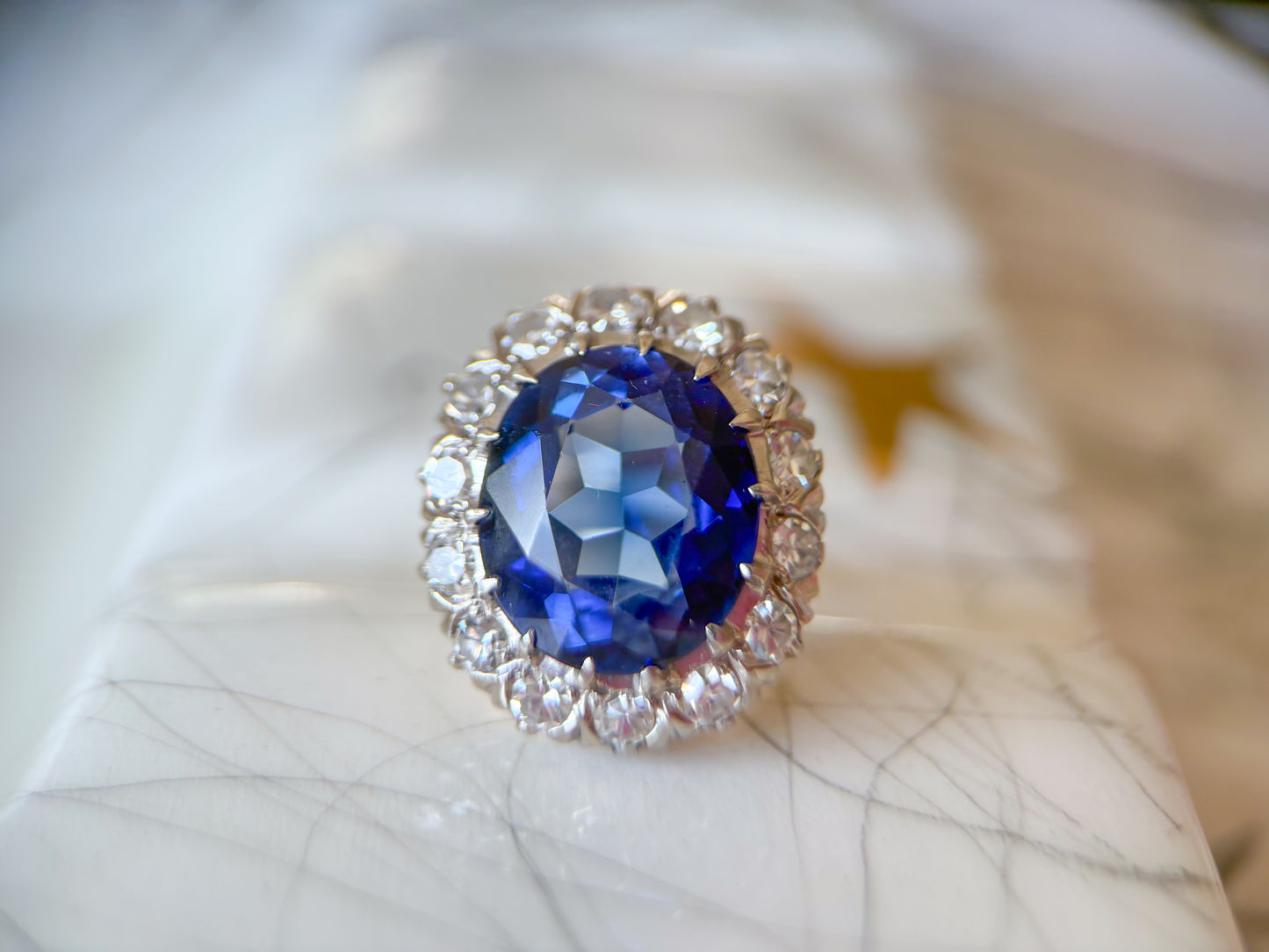 Vintage Natural Diamond and Blue Stone 10k White Gold Statement Ring