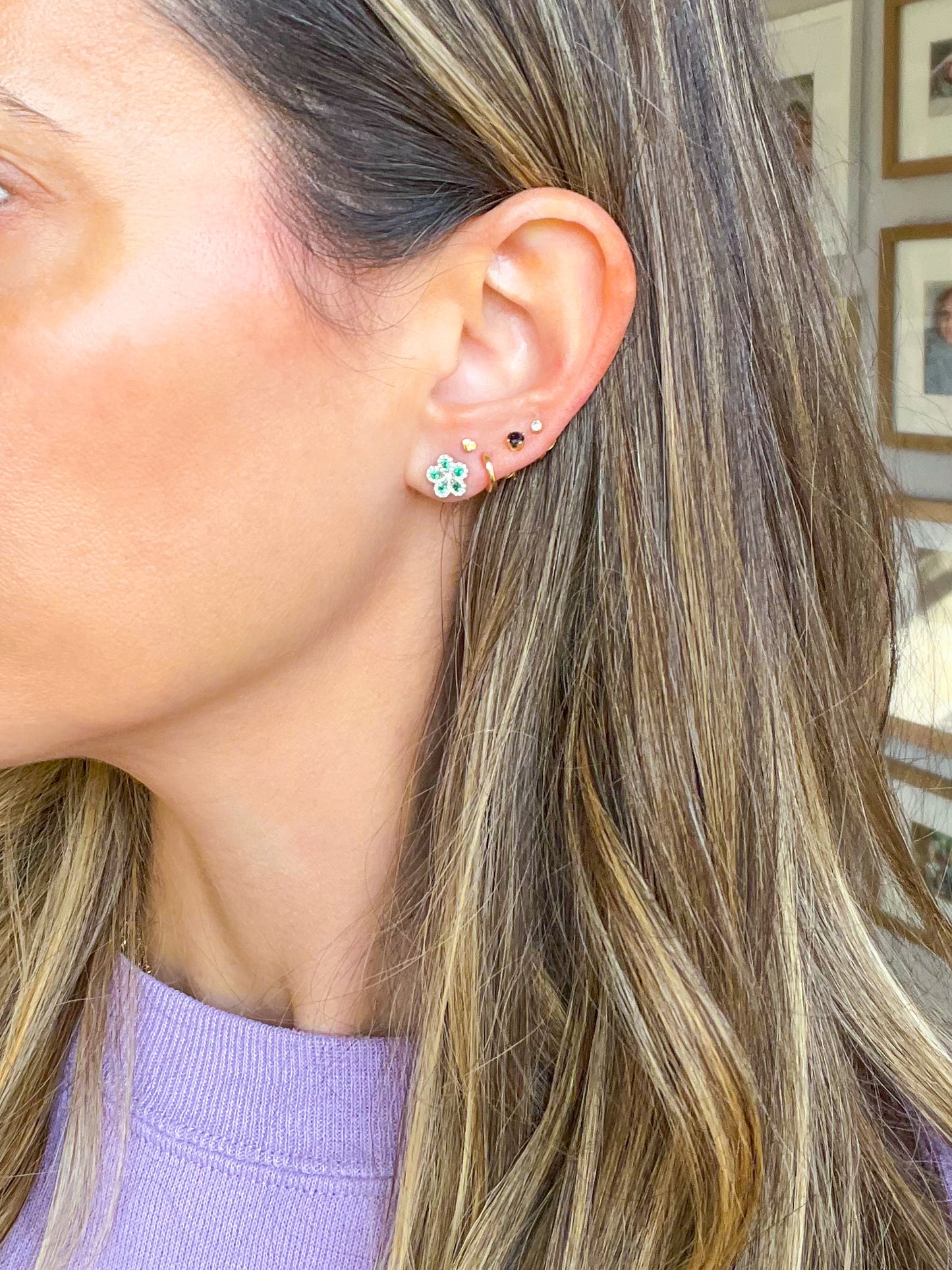 Natural Ruby, Sapphire, Emerald and Diamond 14k White Gold Flower Stud Earrings