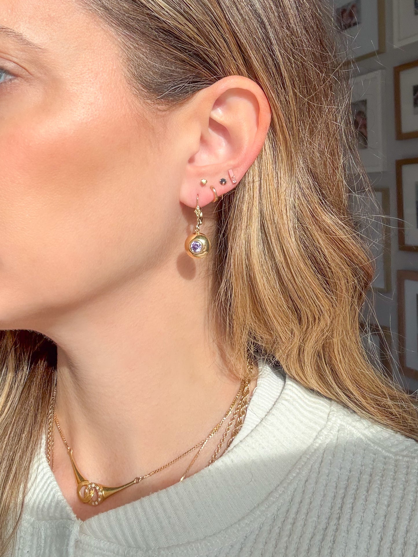 Vintage Natural Round Amethyst 14k Yellow Gold Drop Earrings