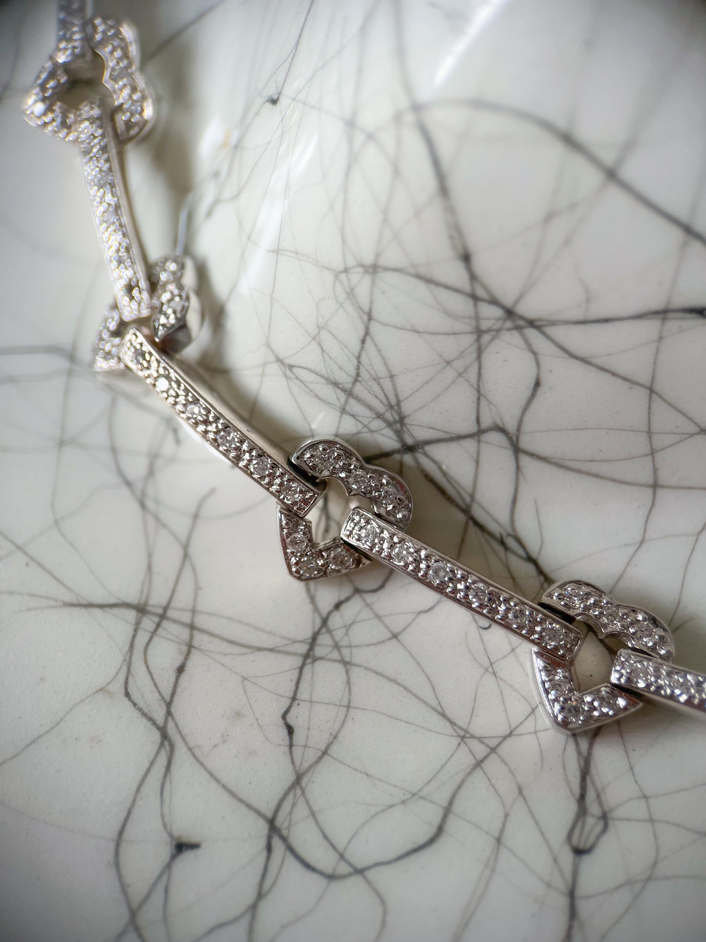 Vintage Natural Diamond Heart 14k White Gold 7 Inch Bracelet