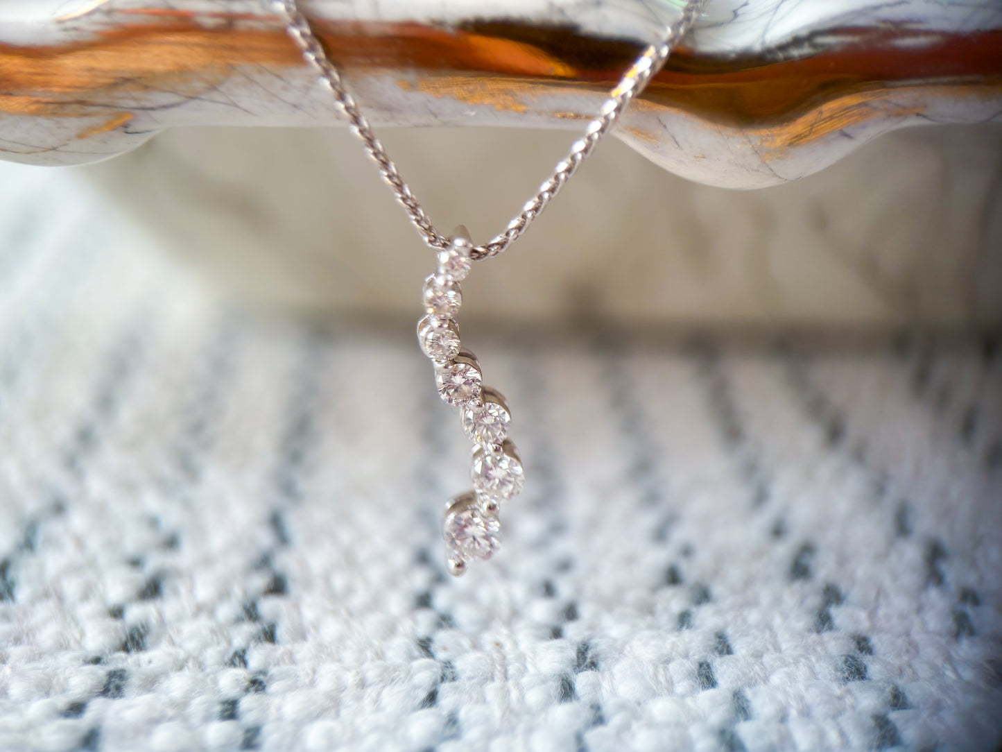 Vintage Natural Diamond 7 Stone Drop Pendant with 14k White Gold Attached 22 Inch Chain