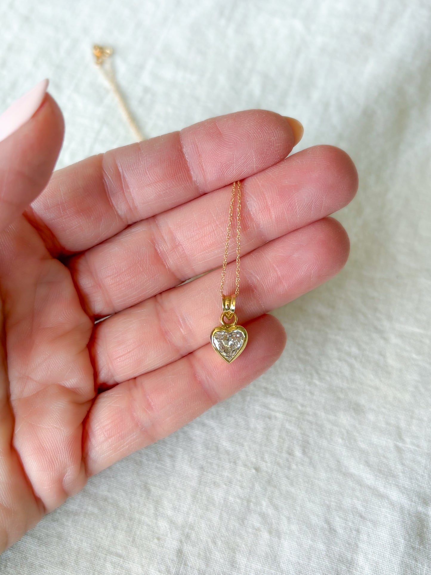 Vintage Bezel Set Natural Heart Shaped Diamond with 14k Yellow Gold Chain