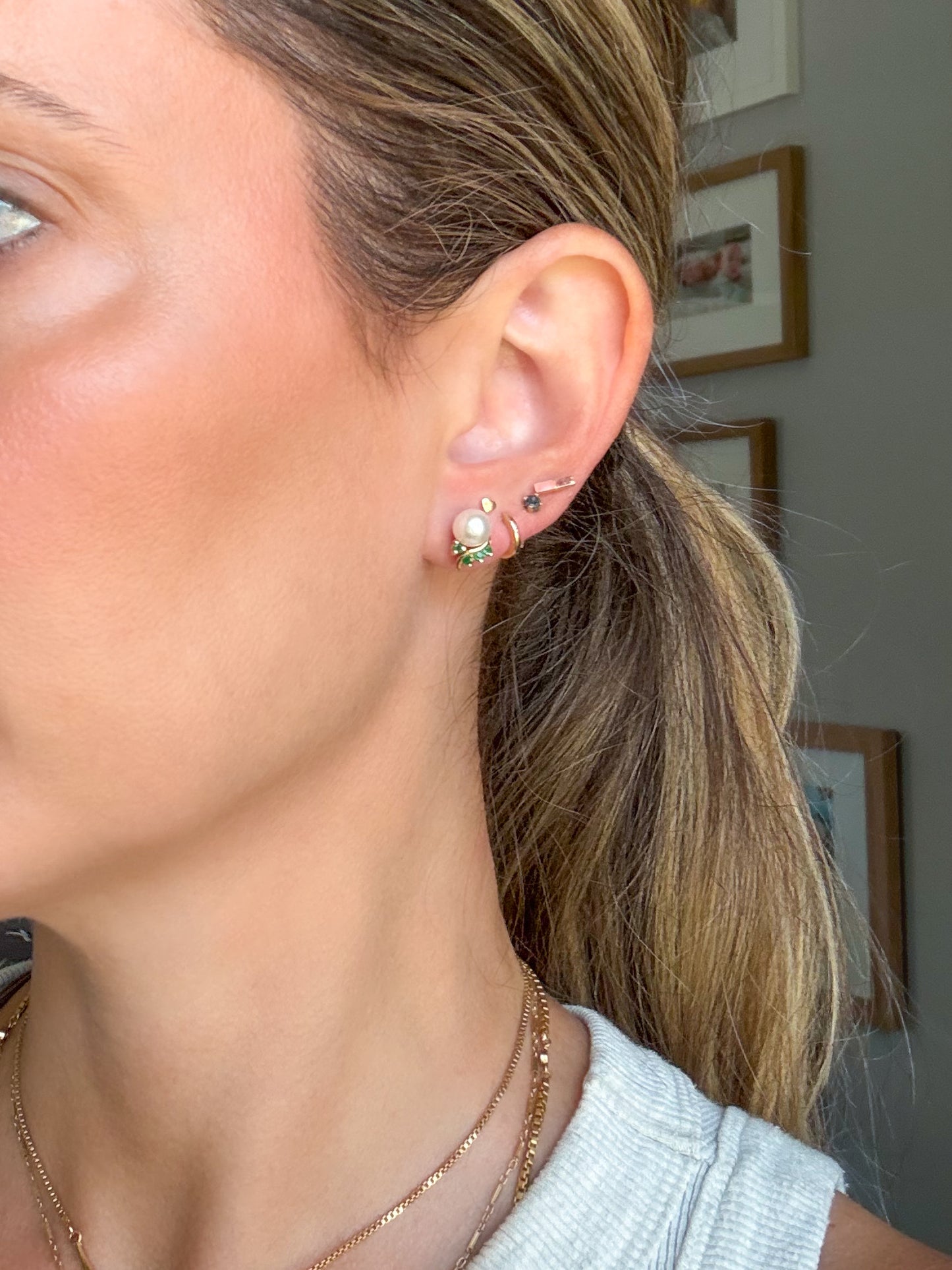 Vintage Pearl Stud with Natural Emeralds 14k Yellow Gold Earrings