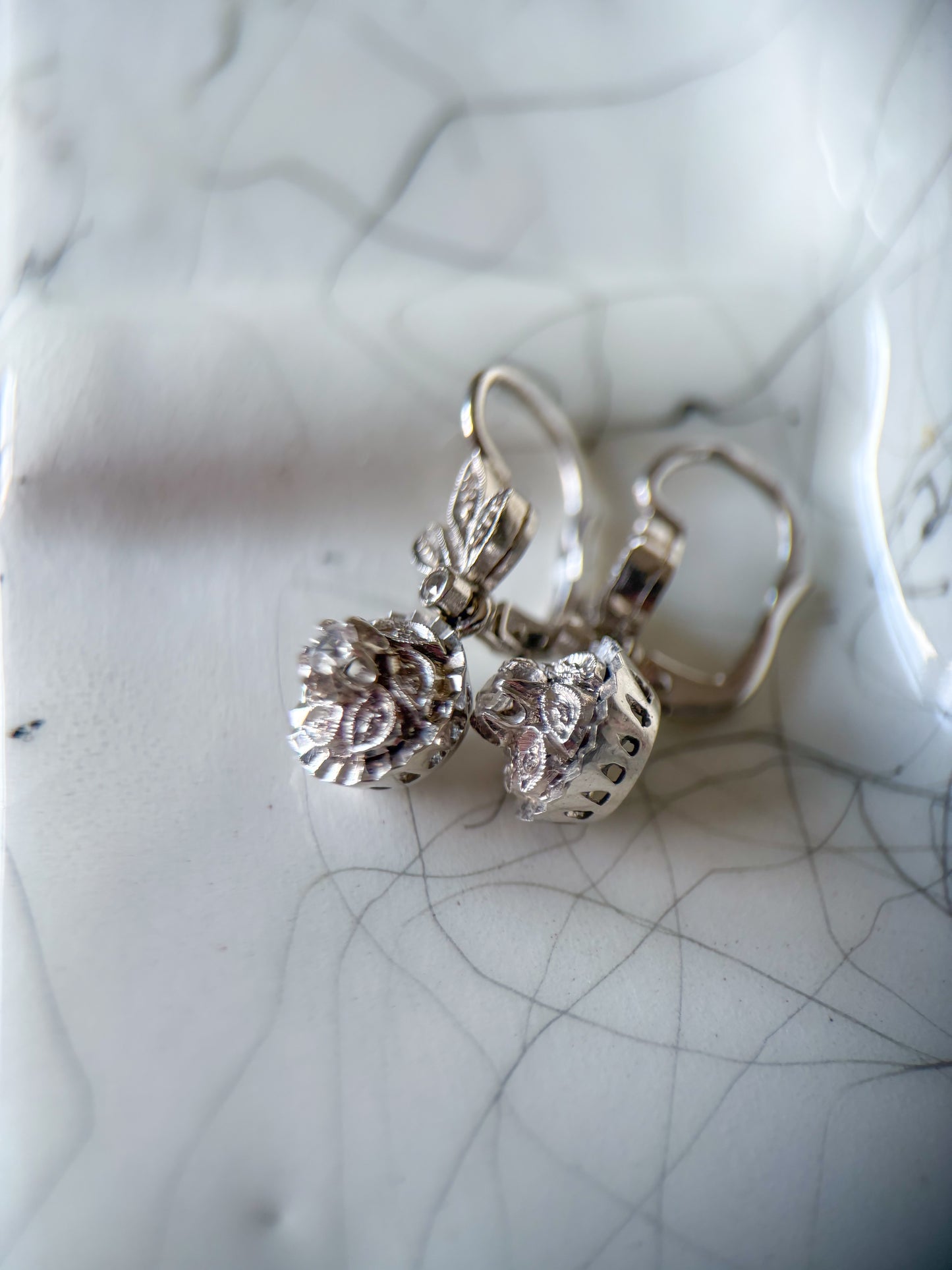 Vintage 18k White Gold Dangle Earrings with CZs