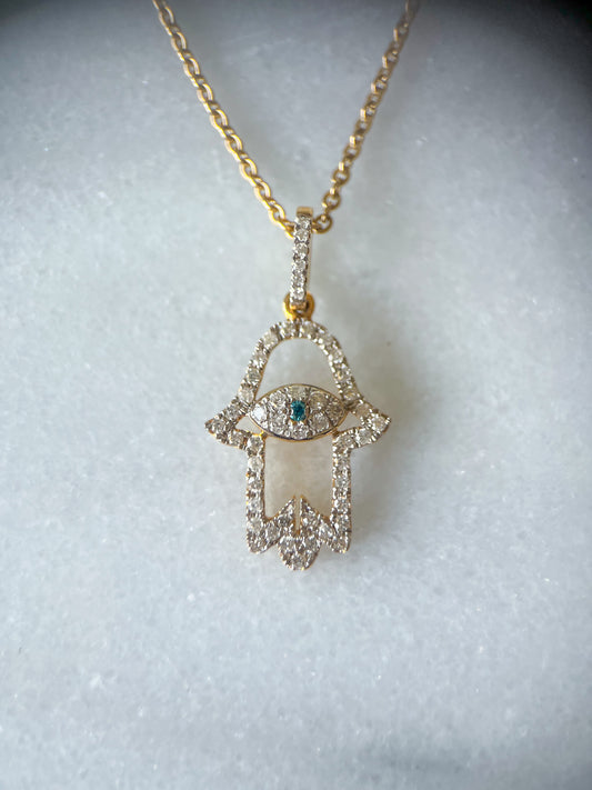 Hamsa Charm with Natural Diamonds and Natural Sapphire 14k Yellow Gold