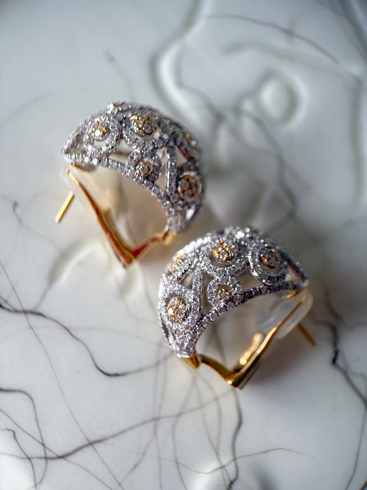 Natural Diamond Puffy Hoop 14k Yellow and White Gold Earrings