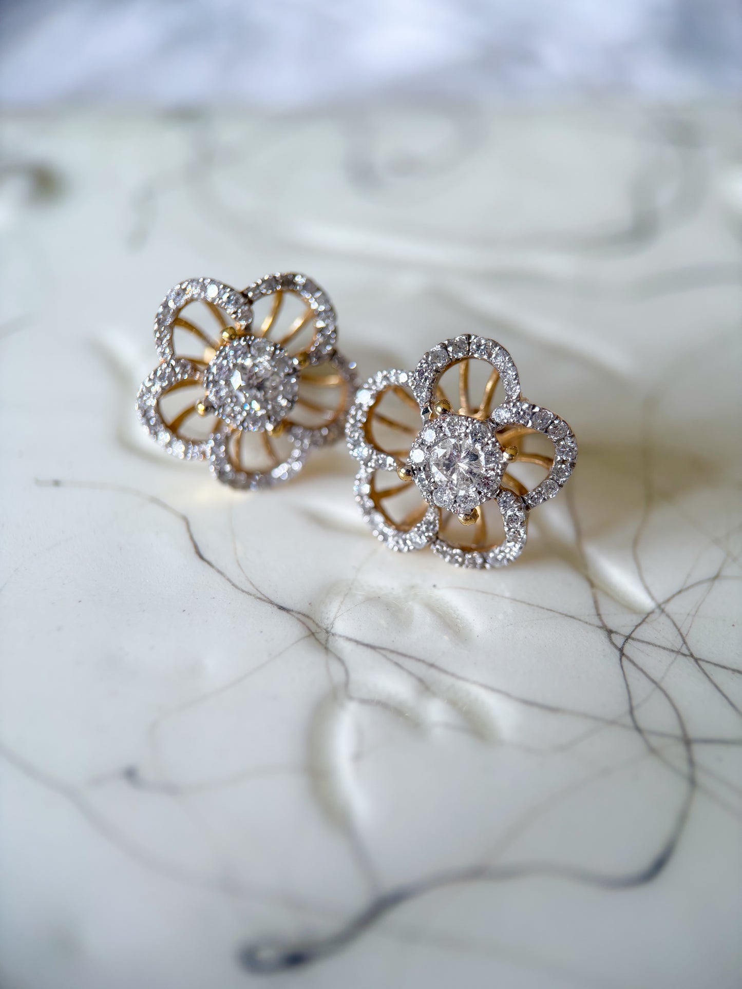 Natural Diamond Flower 14k Yellow Gold Large Stud Earrings