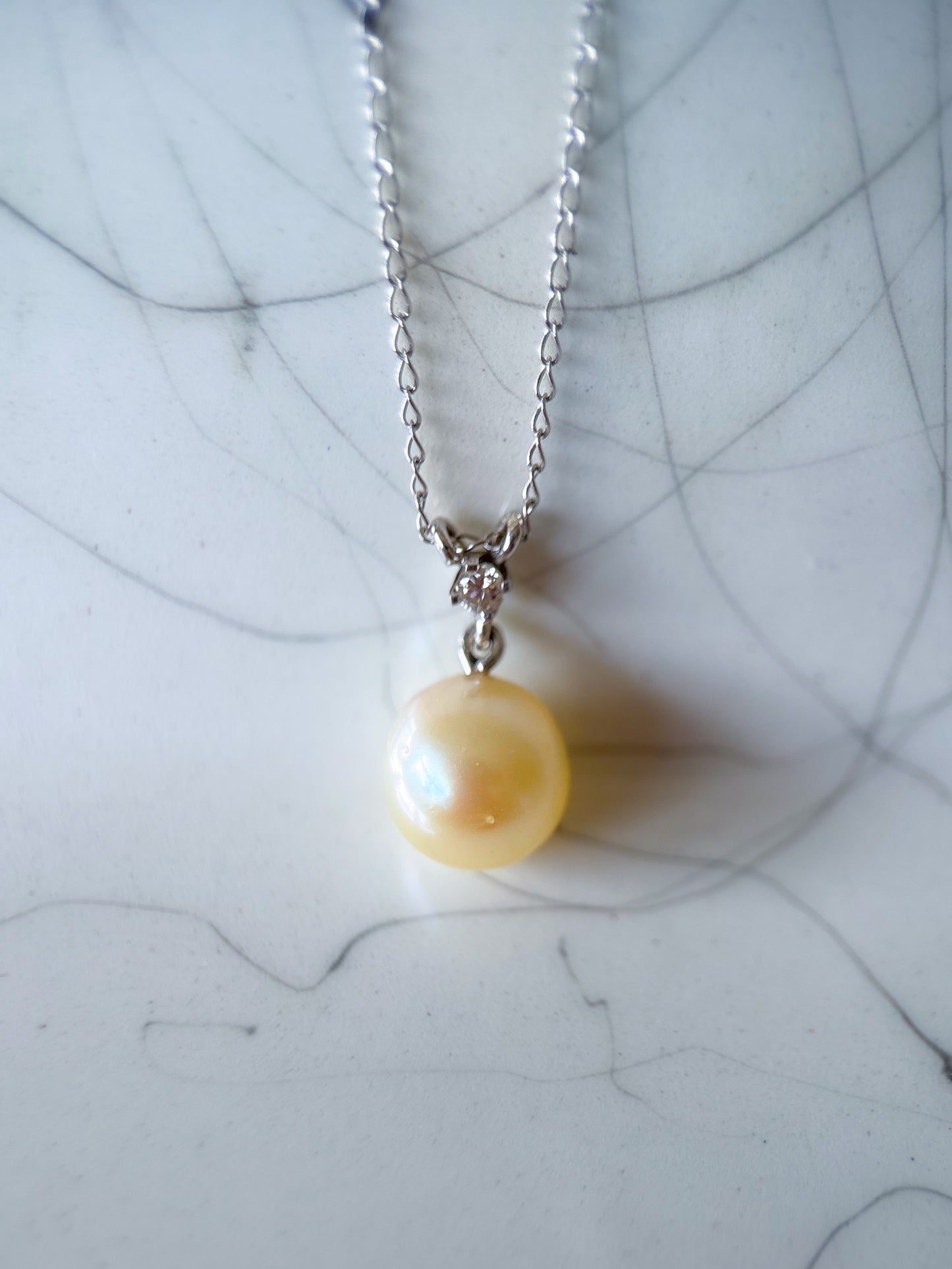 Vintage Pearl 14k White Gold Charm with Natural Diamond on 18 Inch Chain