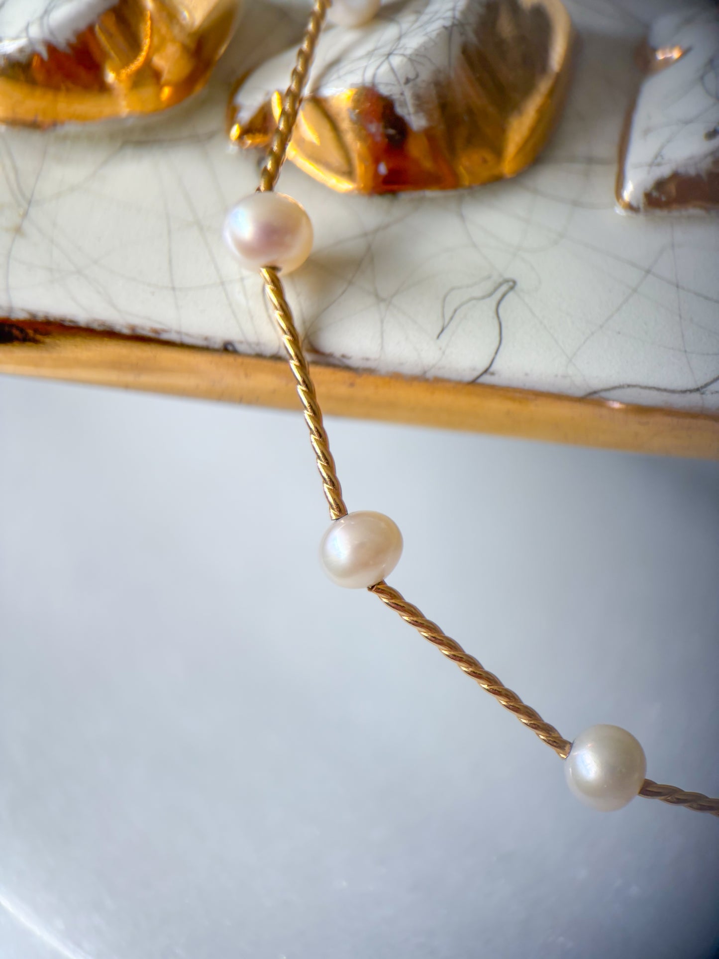 Vintage Natural Pearl 14k Yellow Gold 15.5 Inch Bar Chain Necklace