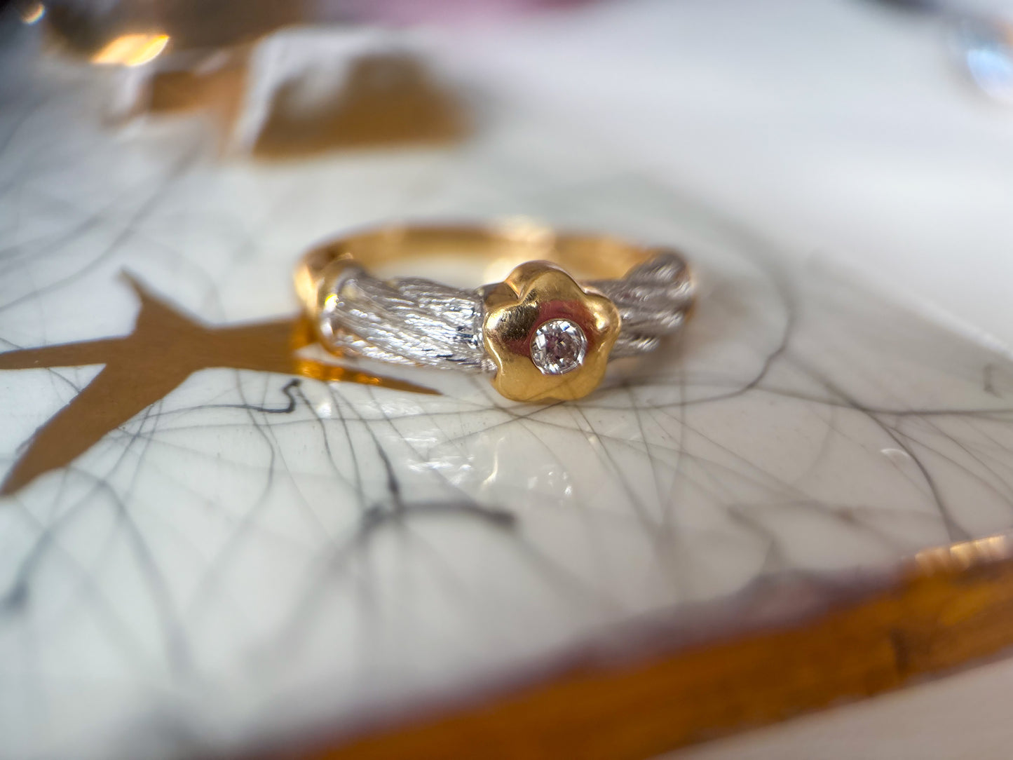 Vintage Flower with Natural Diamond Two Toned 14k White and Yellow Gold Ring
