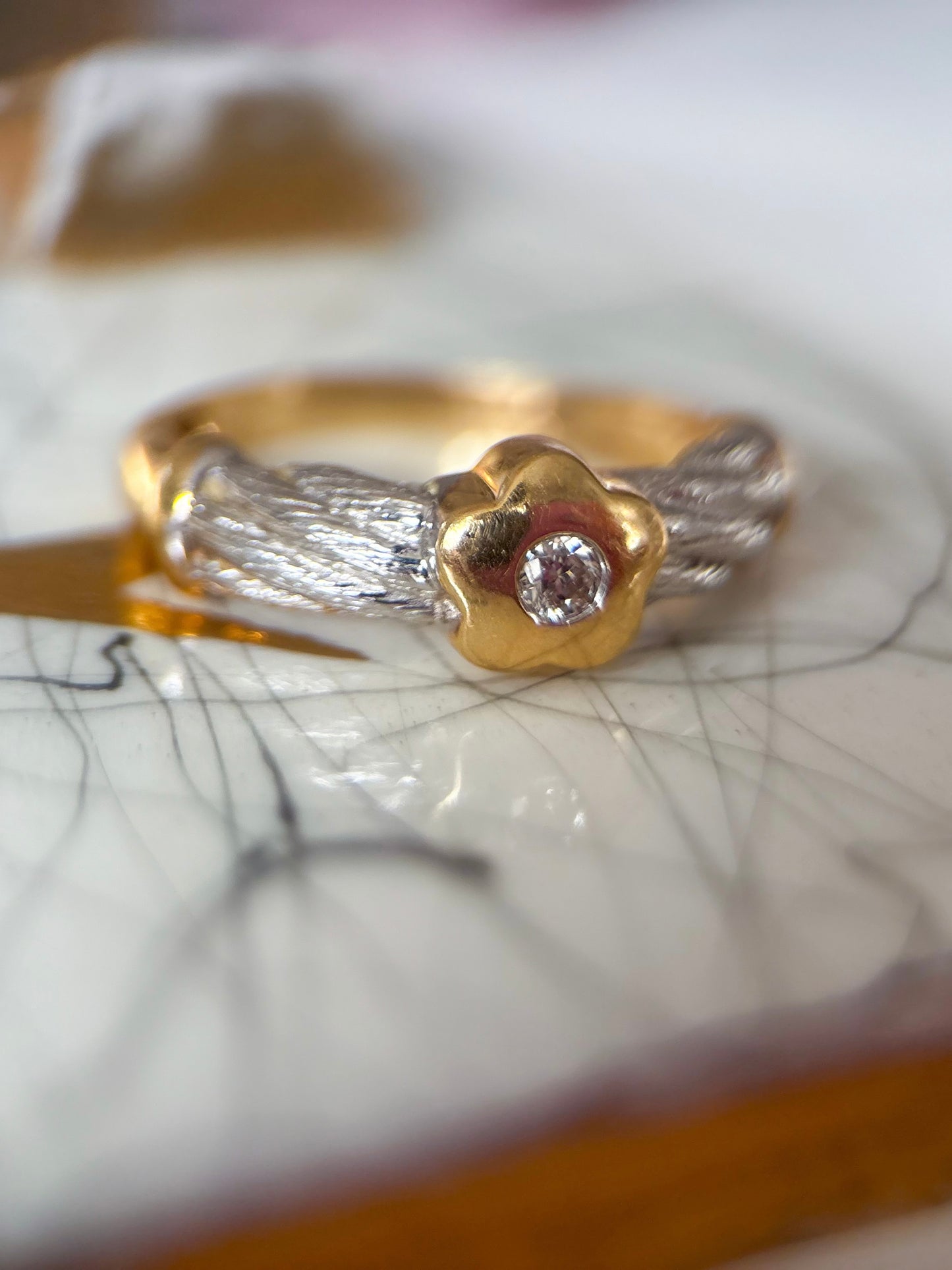 Vintage Flower with Natural Diamond Two Toned 14k White and Yellow Gold Ring