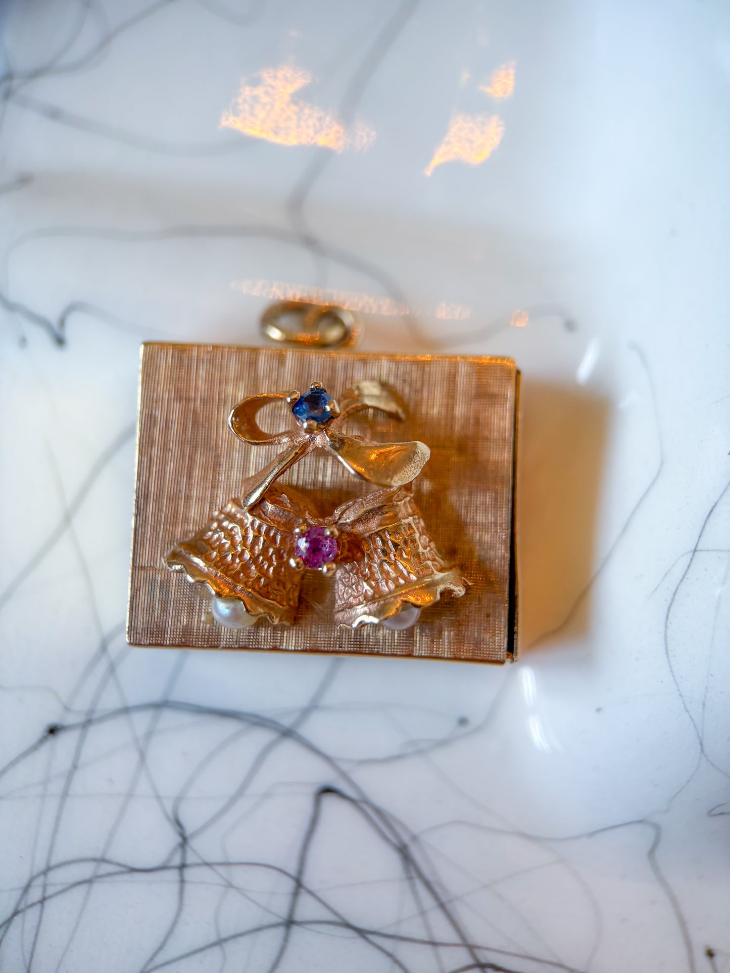 Vintage Music Box 14k Yellow Gold and Pearls Ruby and Sapphire, circa 1950s
