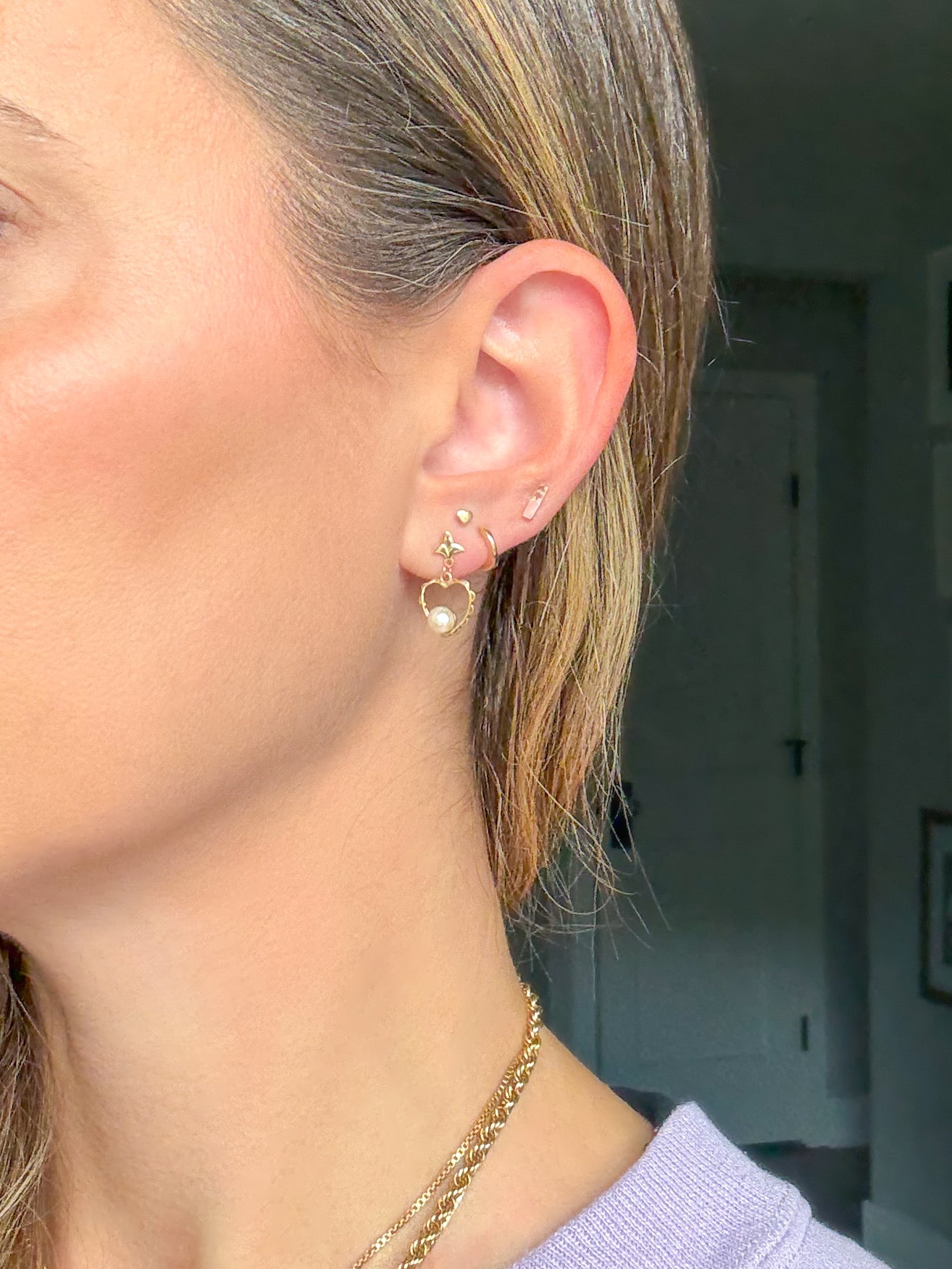 Vintage Heart and Pearl 14k Yellow Gold Drop Earrings