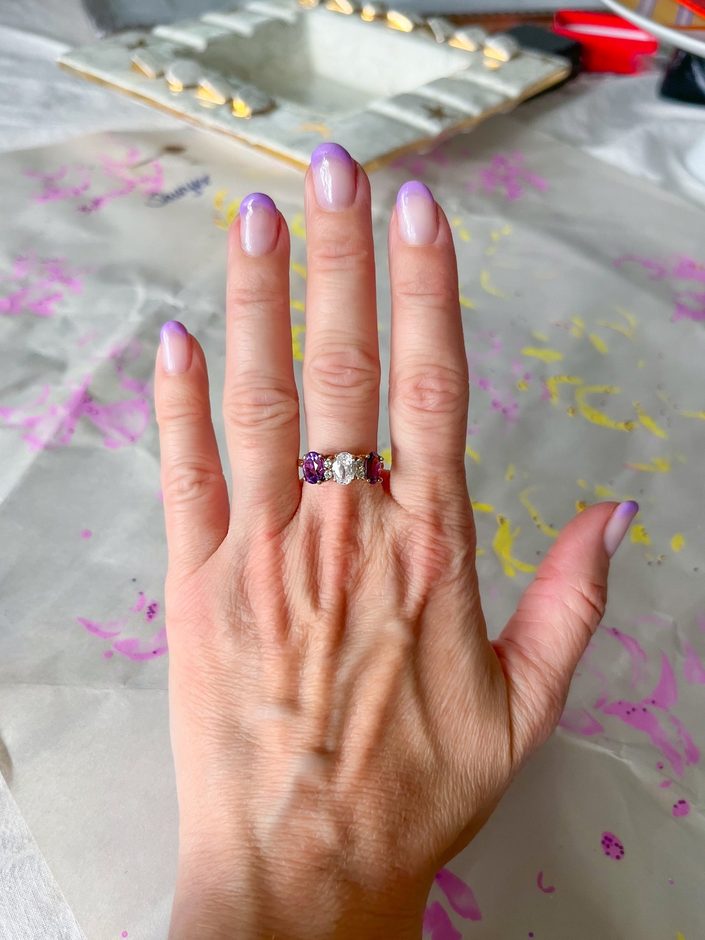 Vintage Natural Amethyst and CZ Three Stone Ring with Natural Diamonds 14k Yellow Gold