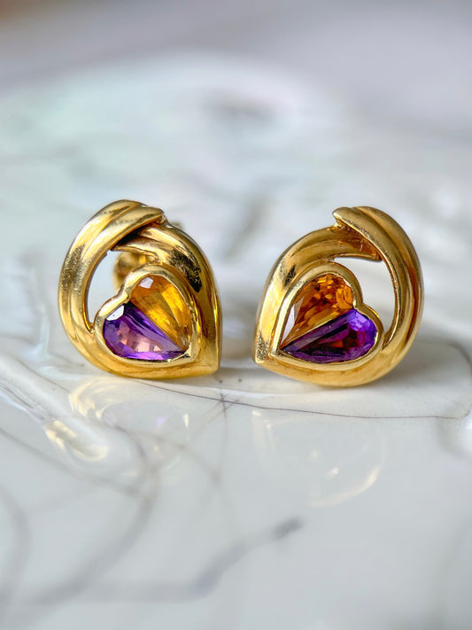Vintage Natural Amethyst and Natural Citrine Heart Shaped Stud Earrings, circa 1990s