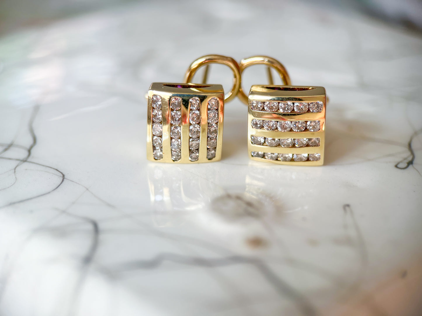 Vintage Square Natural Diamond 14k Yellow Gold Stud Earrings