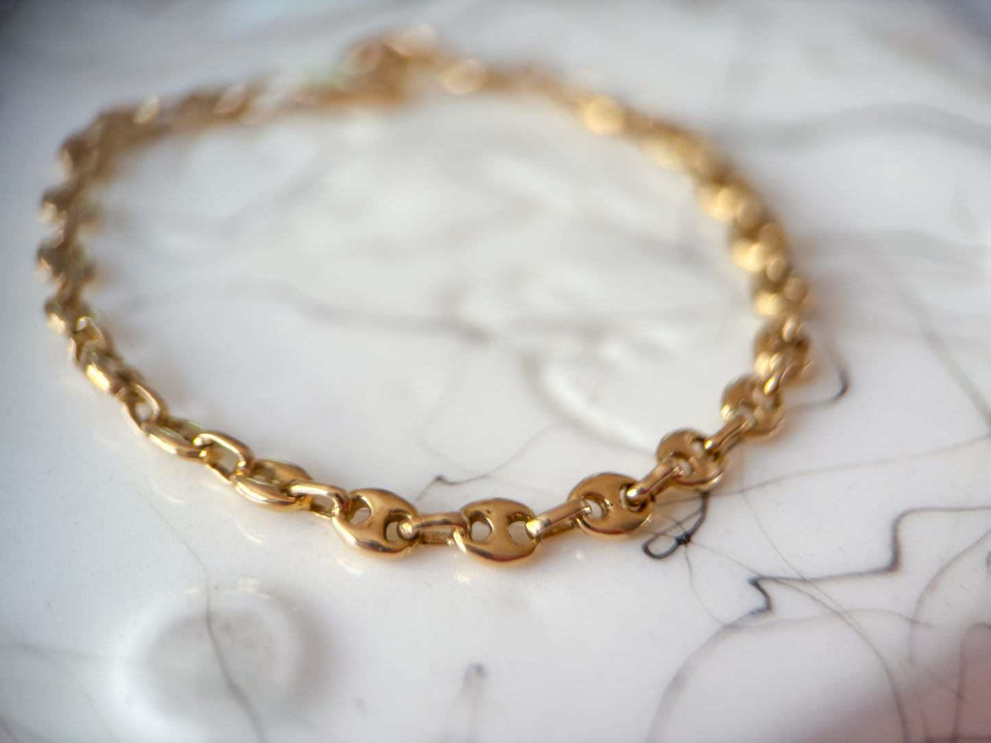 Vintage Puffed Mariner 14k Yellow Gold Mariner Chain 7 Inch Bracelet