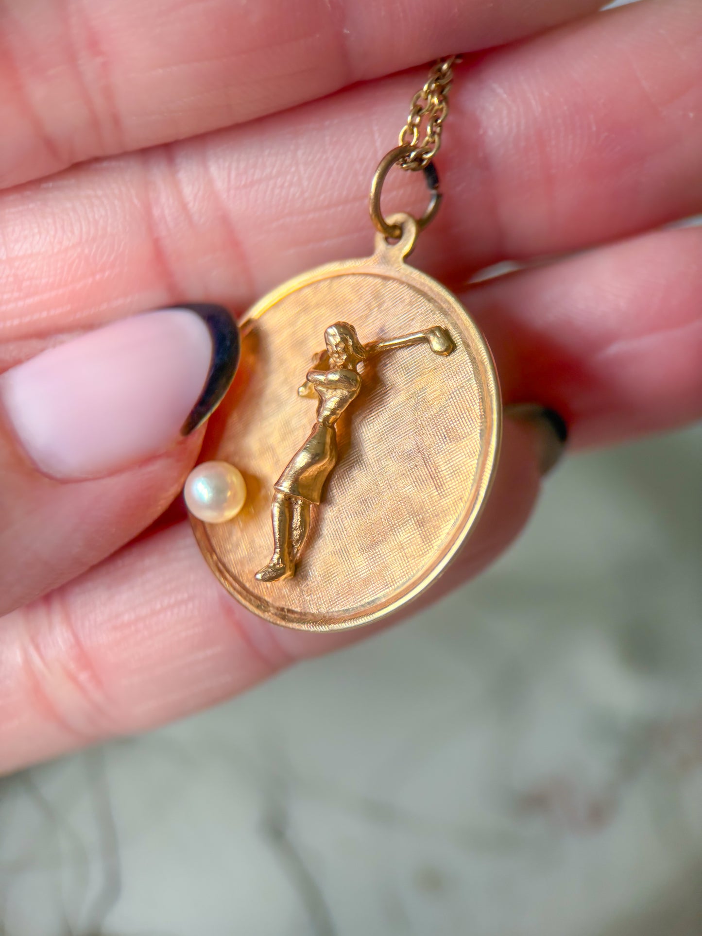 Vintage Golfer with Pearl 14k Yellow Gold Charm