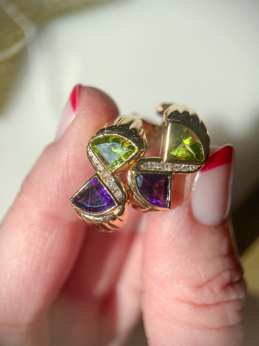 Vintage Natural Amethyst, Peridot and Diamond 14k Yellow Gold Earrings, circa 1980s