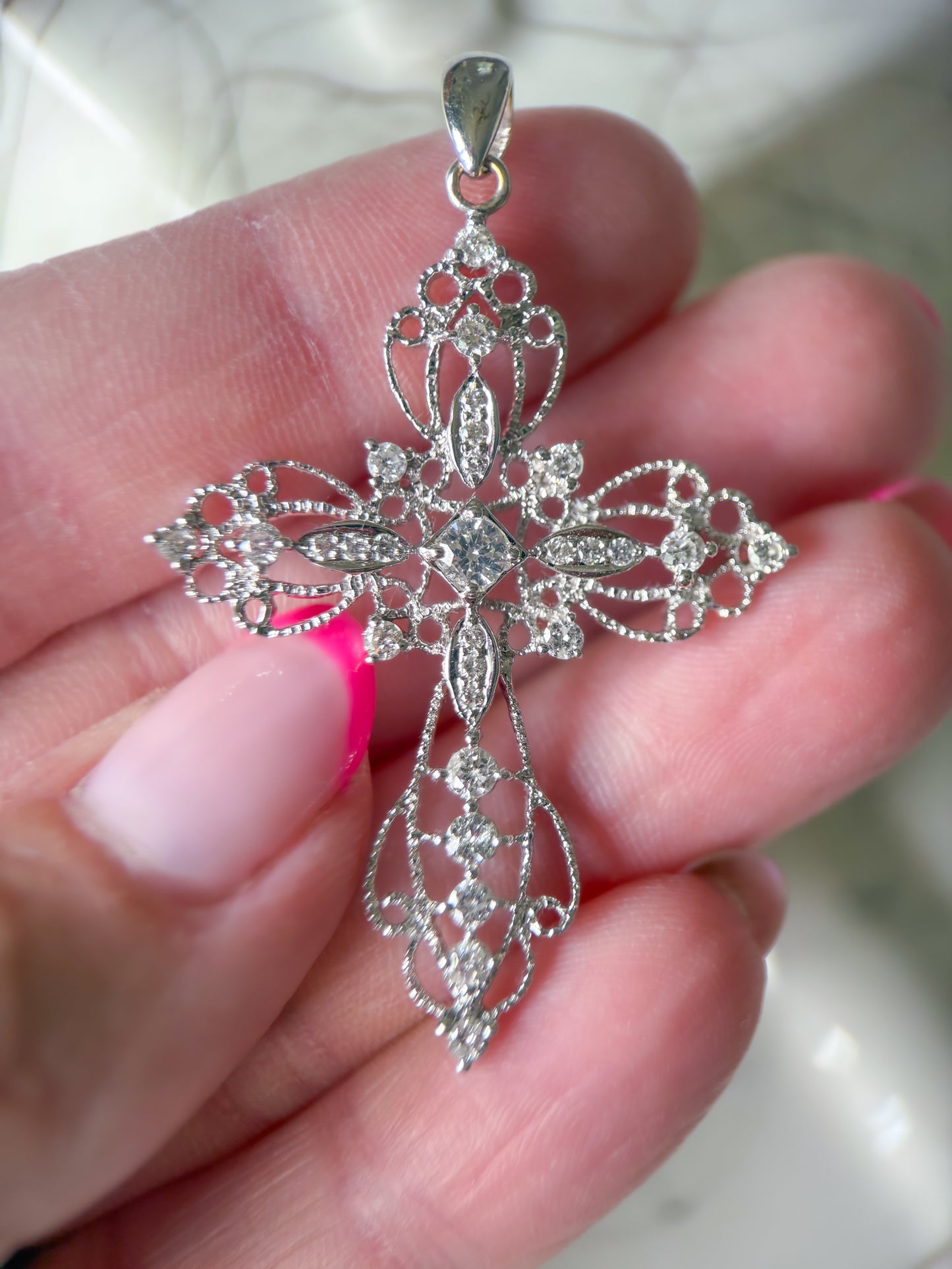 Vintage Natural Diamond Large 14k White Gold Cross Charm